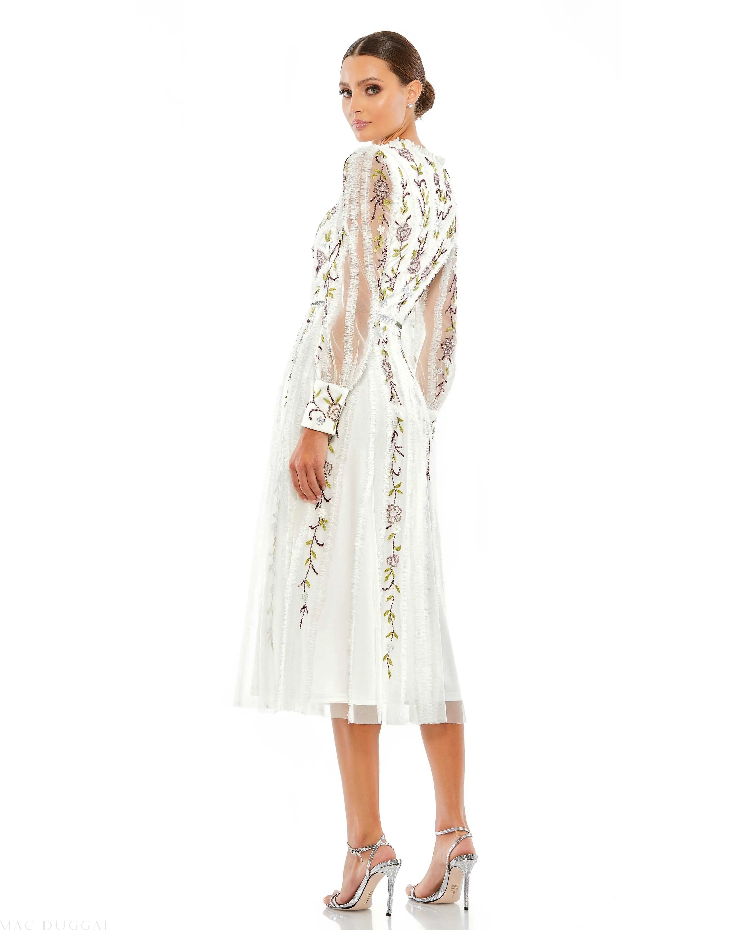 White Long Sleeve Embroidered Wrap Midi Dress-Myartka
