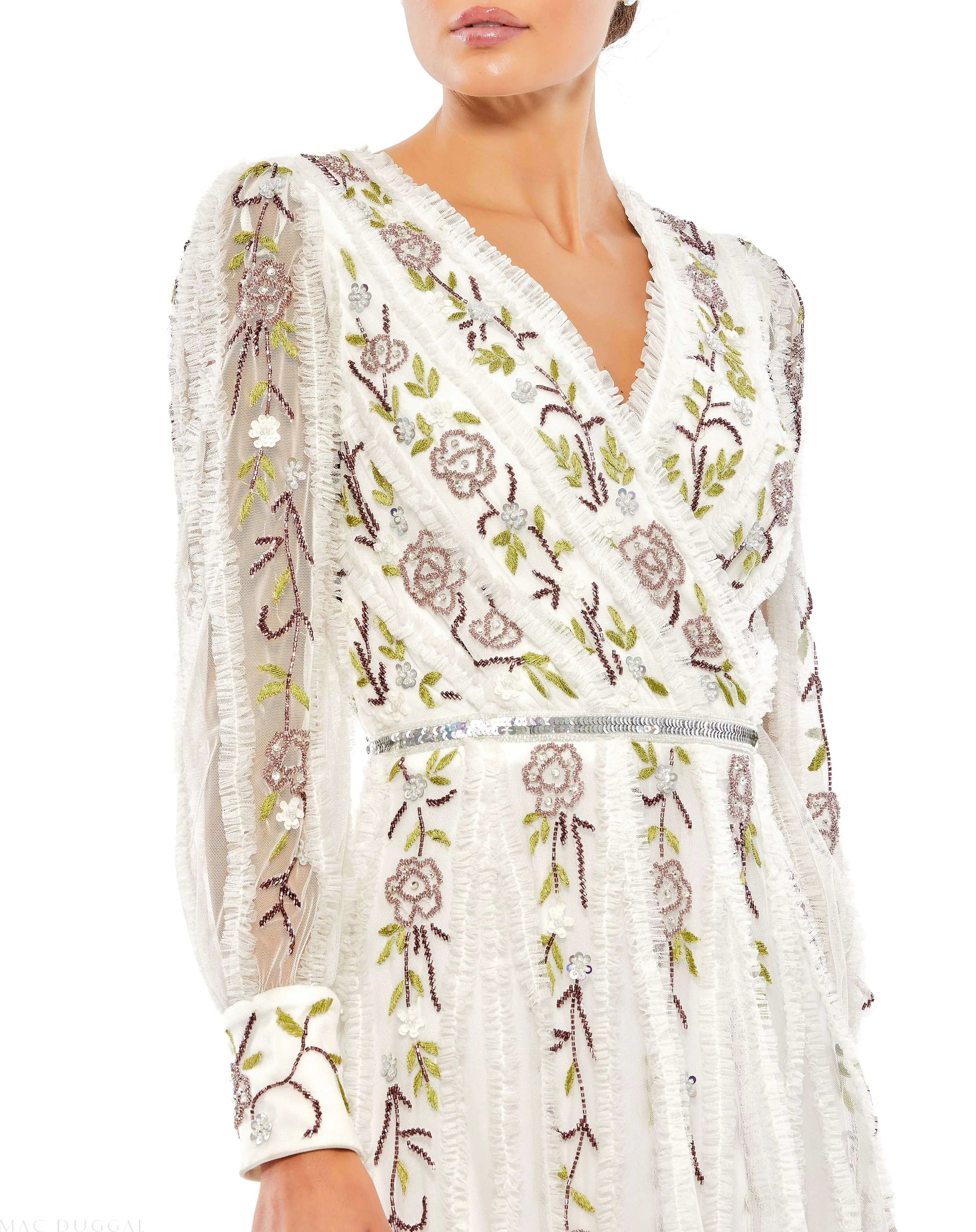 White Long Sleeve Embroidered Wrap Midi Dress-Myartka
