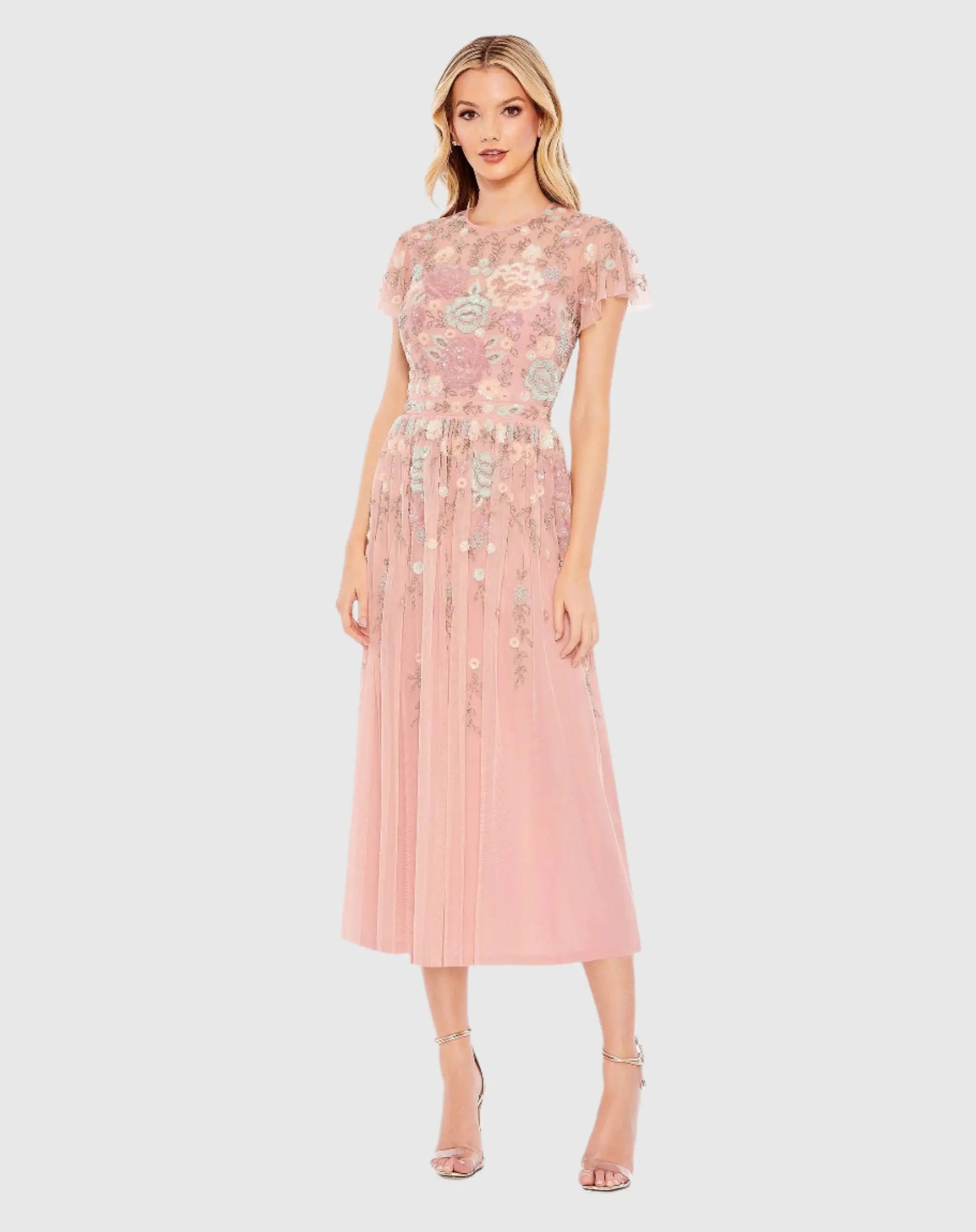 Pink Embellished Illusion High Neck Butterfly Sleeve Midi Dress-Myartka