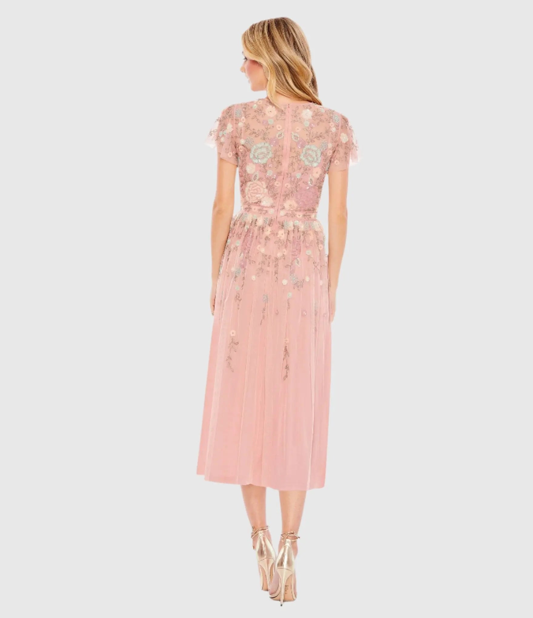 Pink Embellished Illusion High Neck Butterfly Sleeve Midi Dress-Myartka