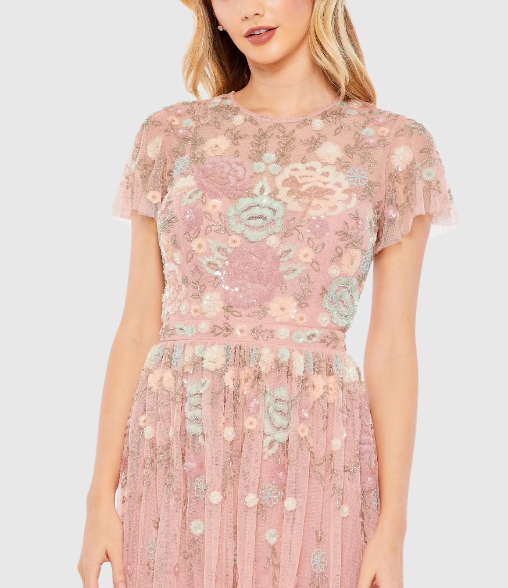 Pink Embellished Illusion High Neck Butterfly Sleeve Midi Dress-Myartka