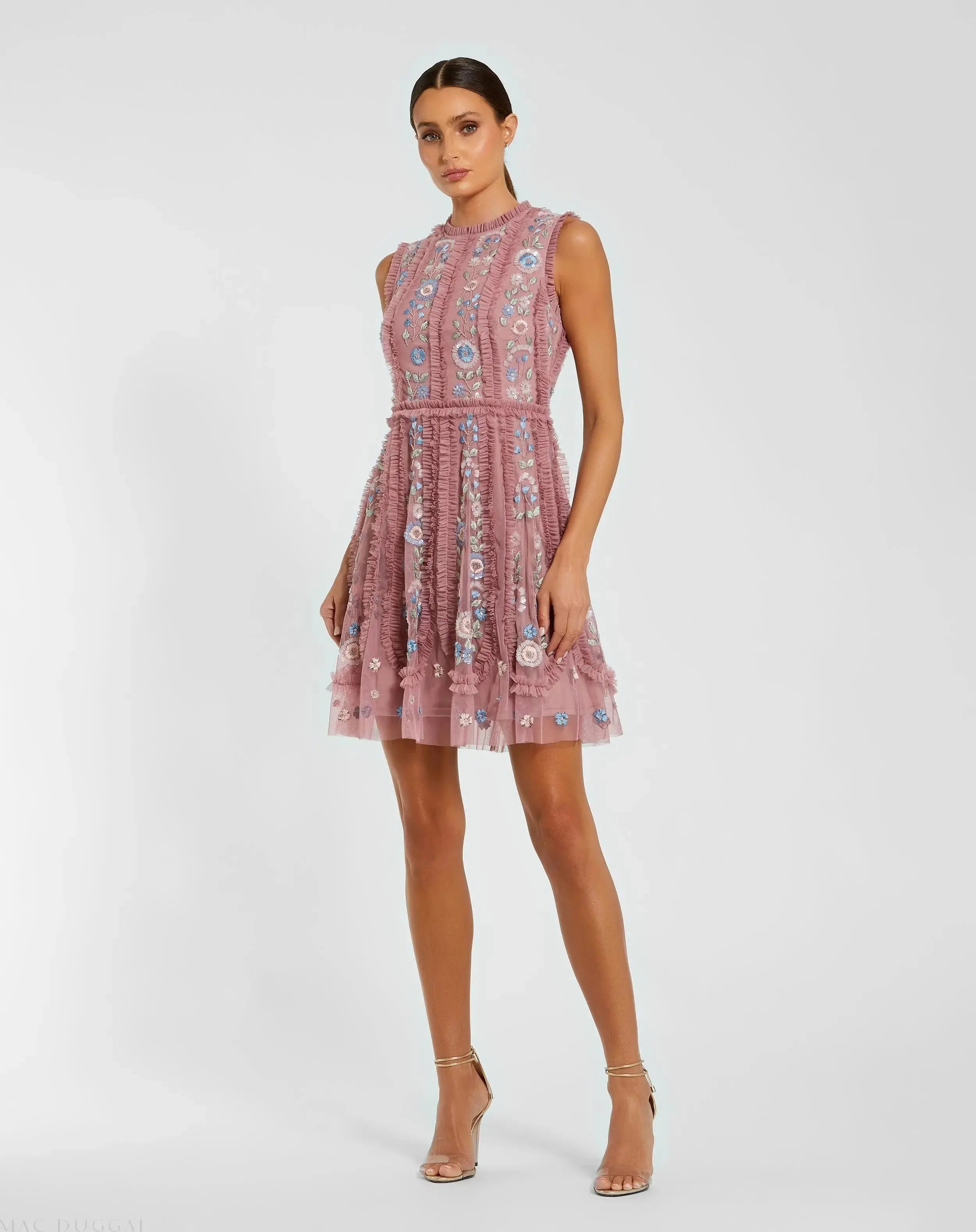 Pink Sleeveless High Neck Embroidered Mini Dress-Myartka
