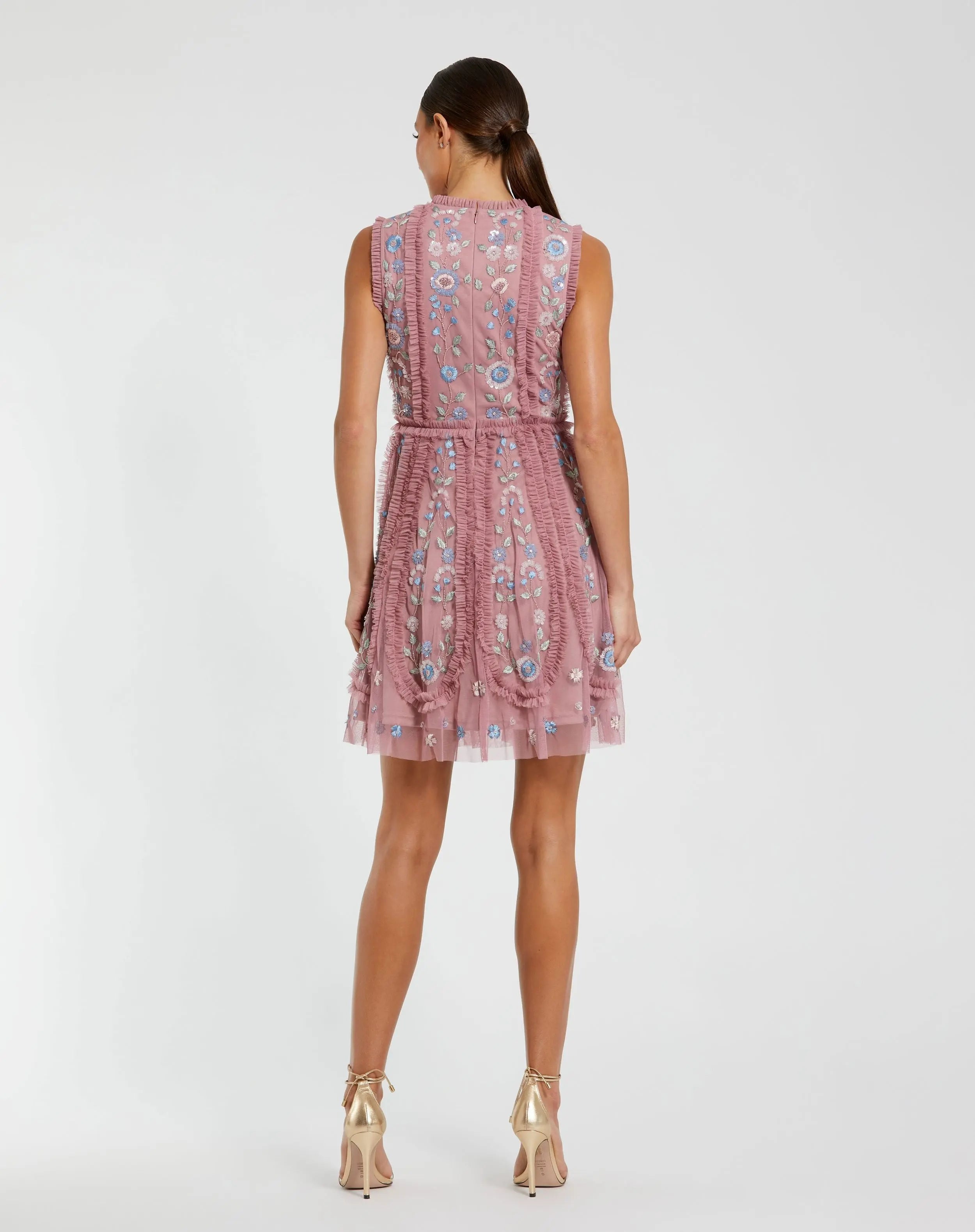 Pink Sleeveless High Neck Embroidered Mini Dress-Myartka
