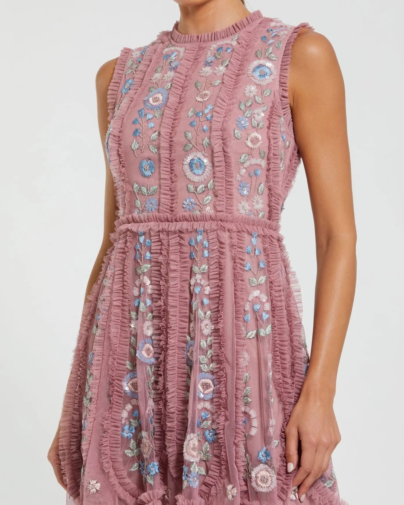 Pink Sleeveless High Neck Embroidered Mini Dress-Myartka