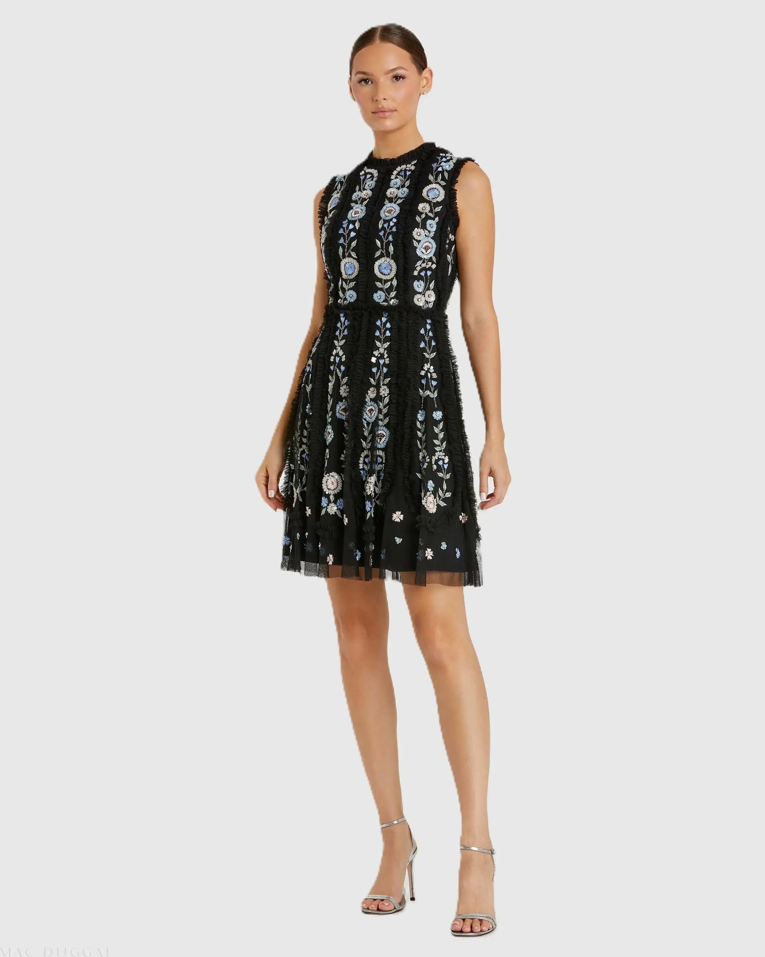 Black Sleeveless High Neck Embroidered Mini Dress-Myartka