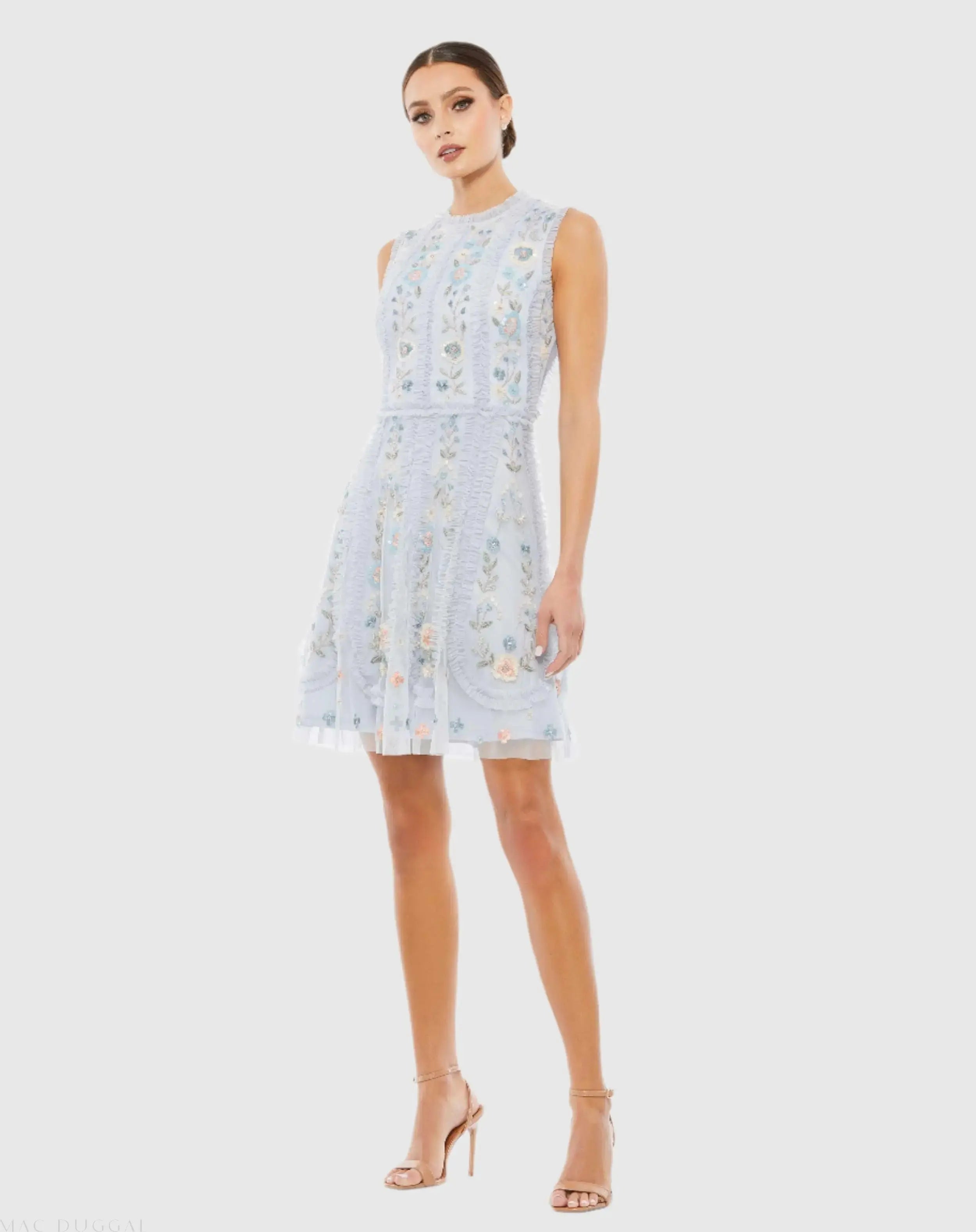 Blue Sleeveless High Neck Embroidered Mini Dress-Myartka