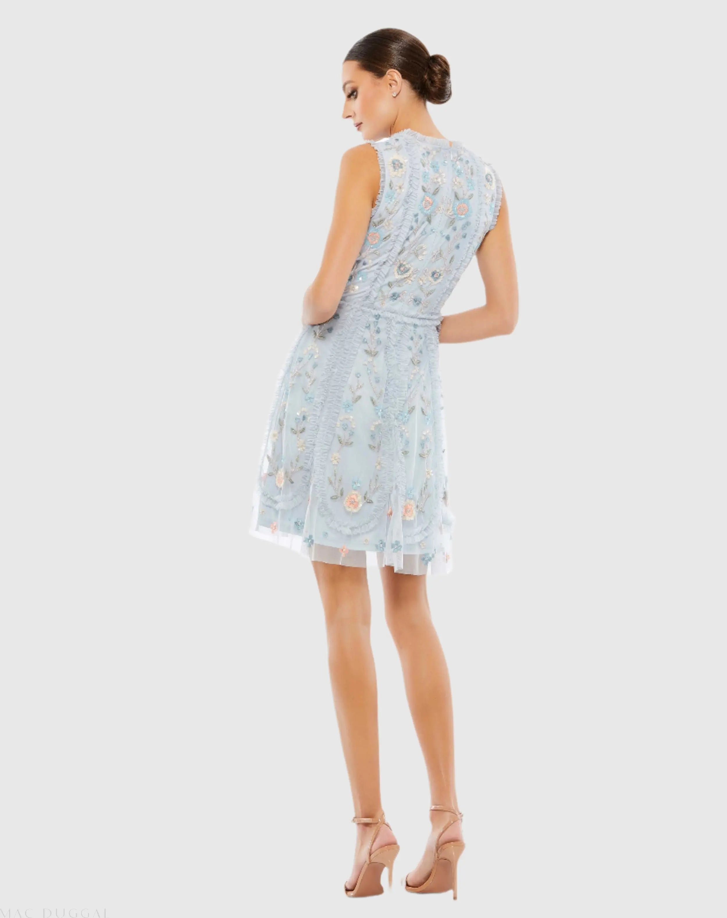 Blue Sleeveless High Neck Embroidered Mini Dress-Myartka