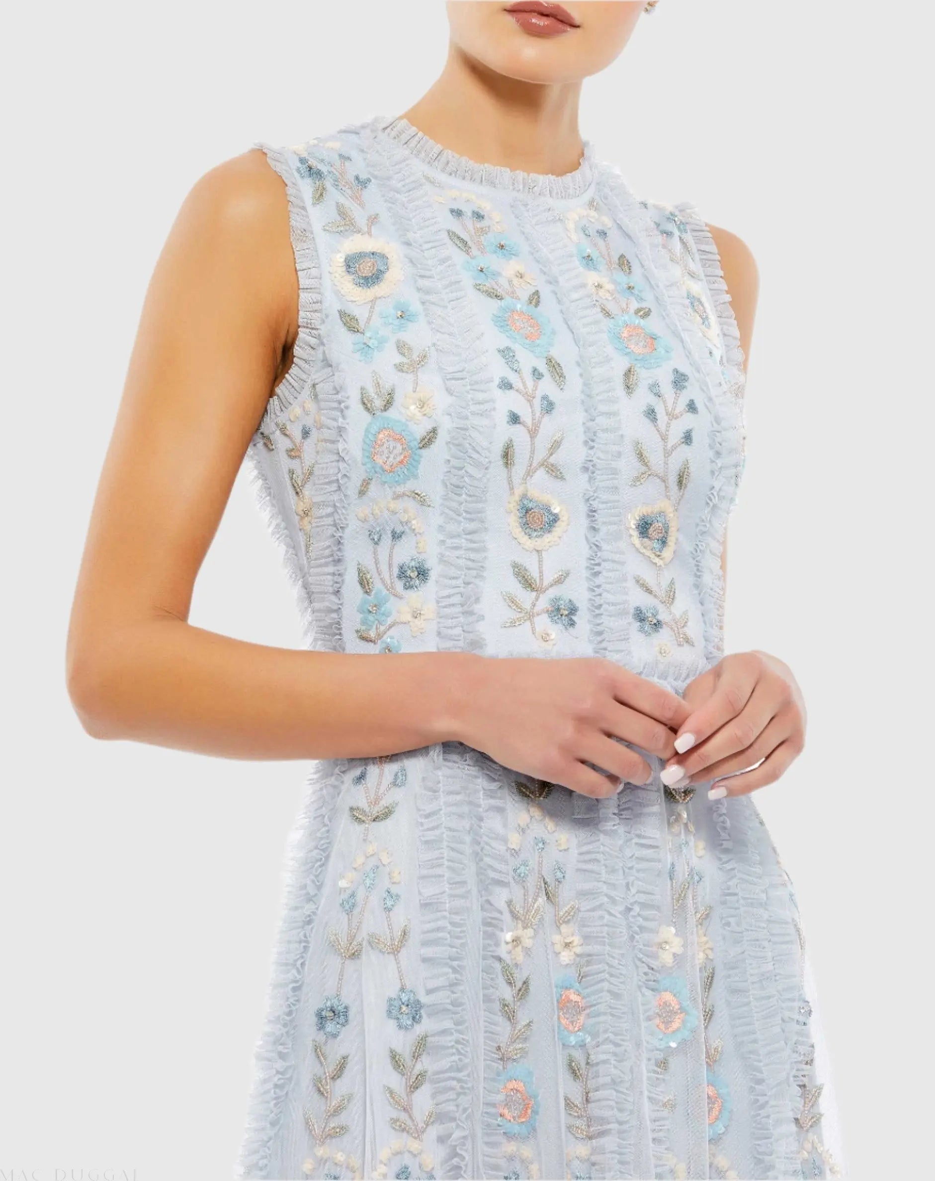 Blue Sleeveless High Neck Embroidered Mini Dress-Myartka