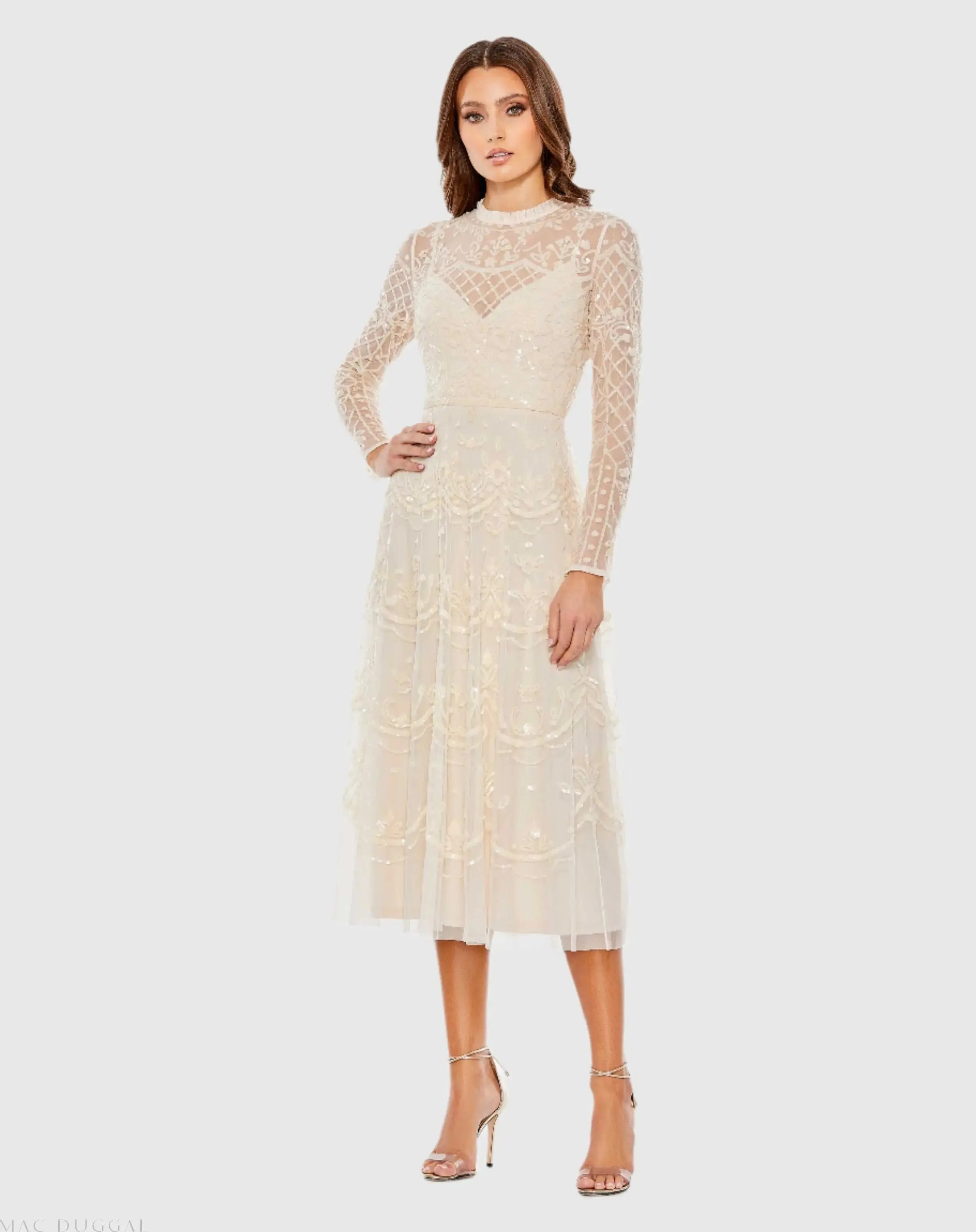 Sequined Illusion High Neck Long Sleeve Midi Dress-Myartka