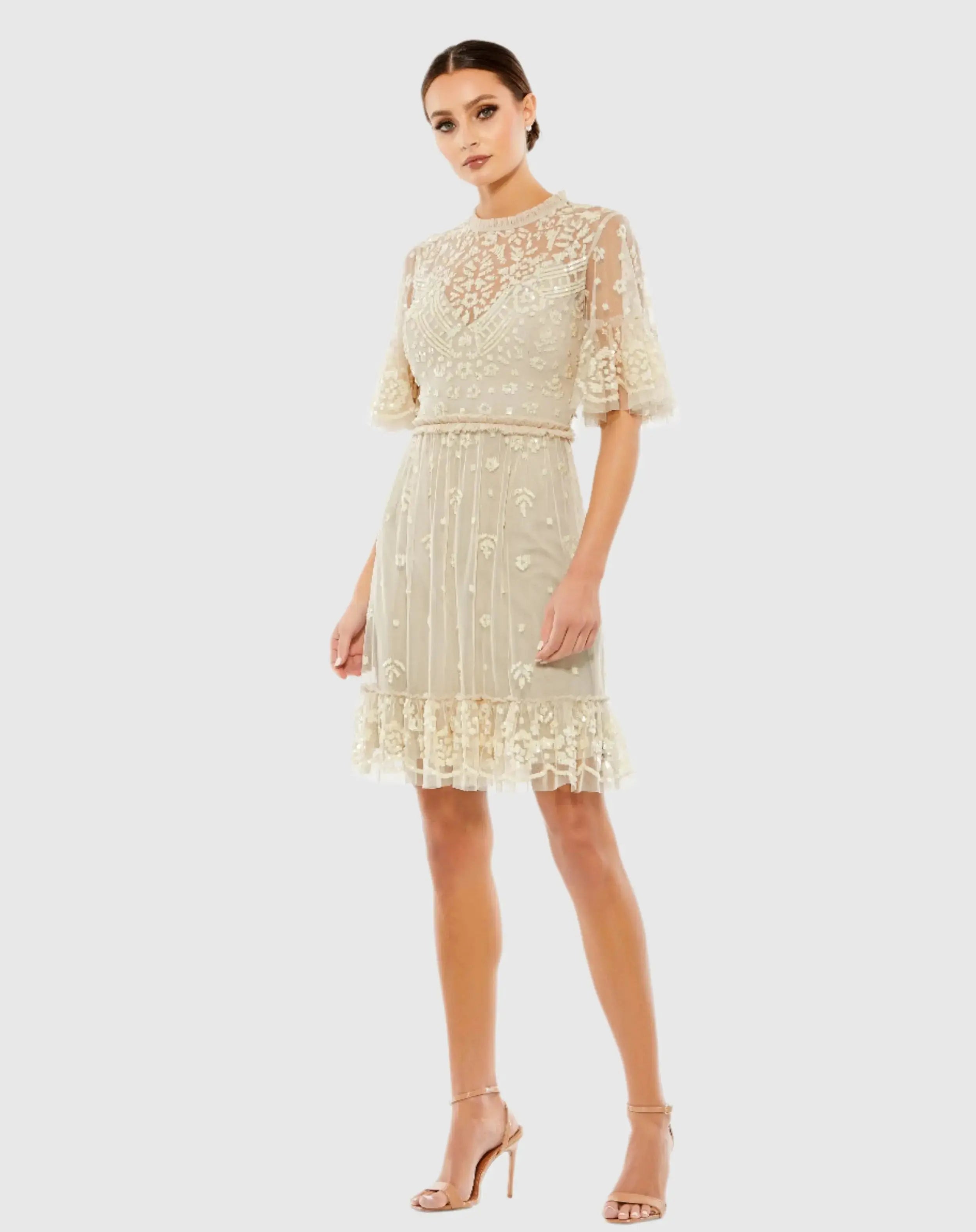 Beige Embellished Illusion High Neck Mini Dress-Myartka