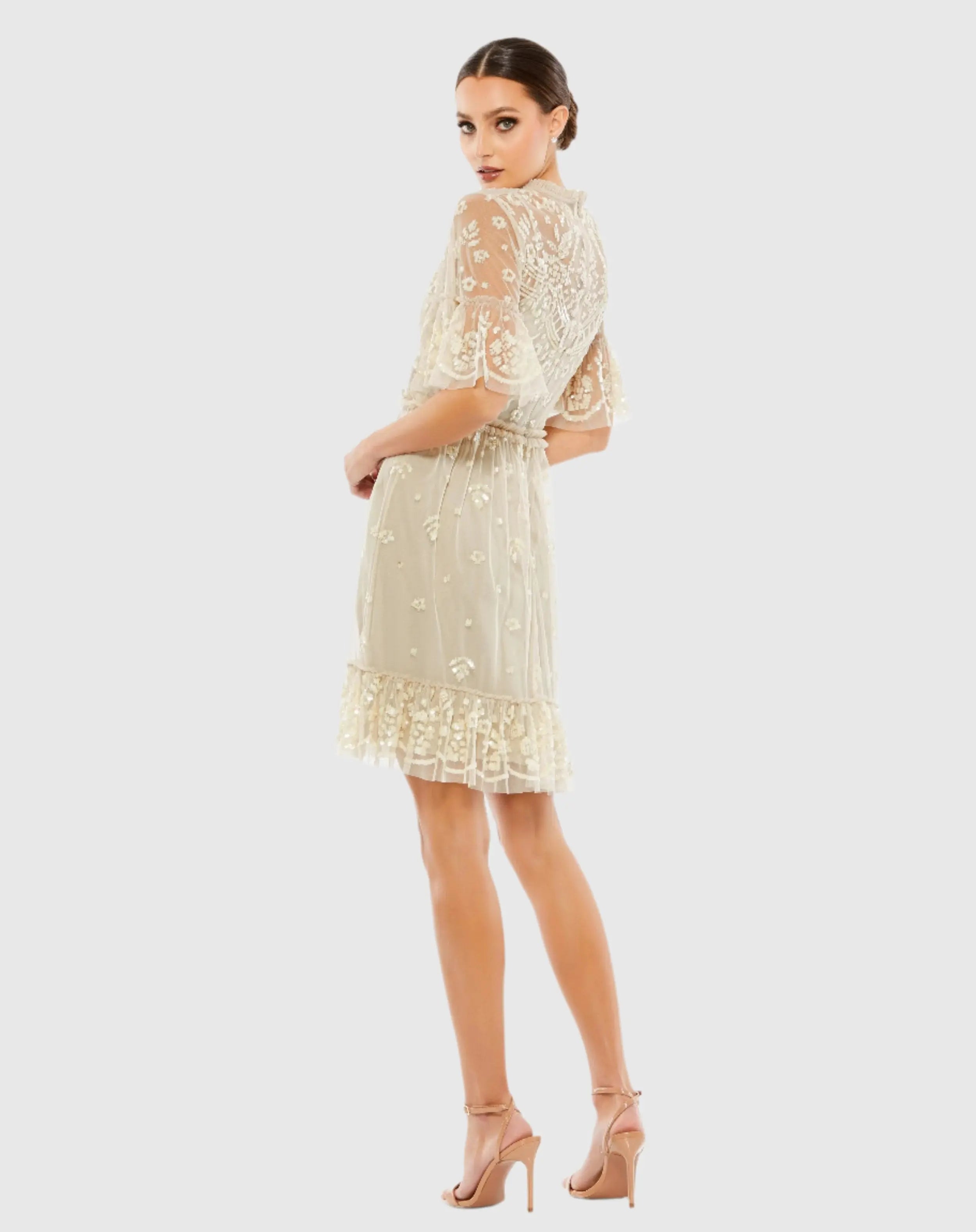 Beige Embellished Illusion High Neck Mini Dress-Myartka