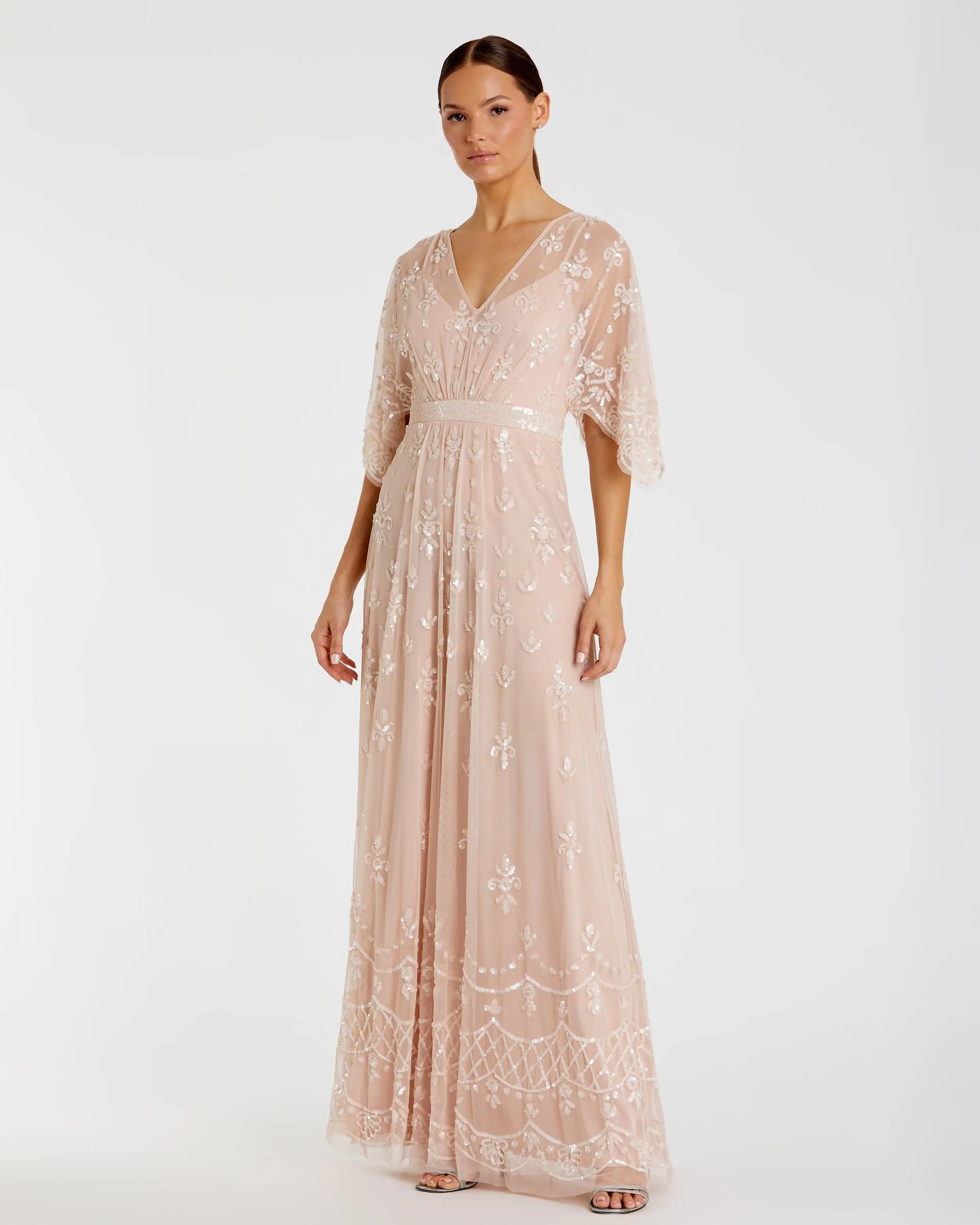Pink V Neck Flounce Sleeve Embellished Mesh Gown-Myartka