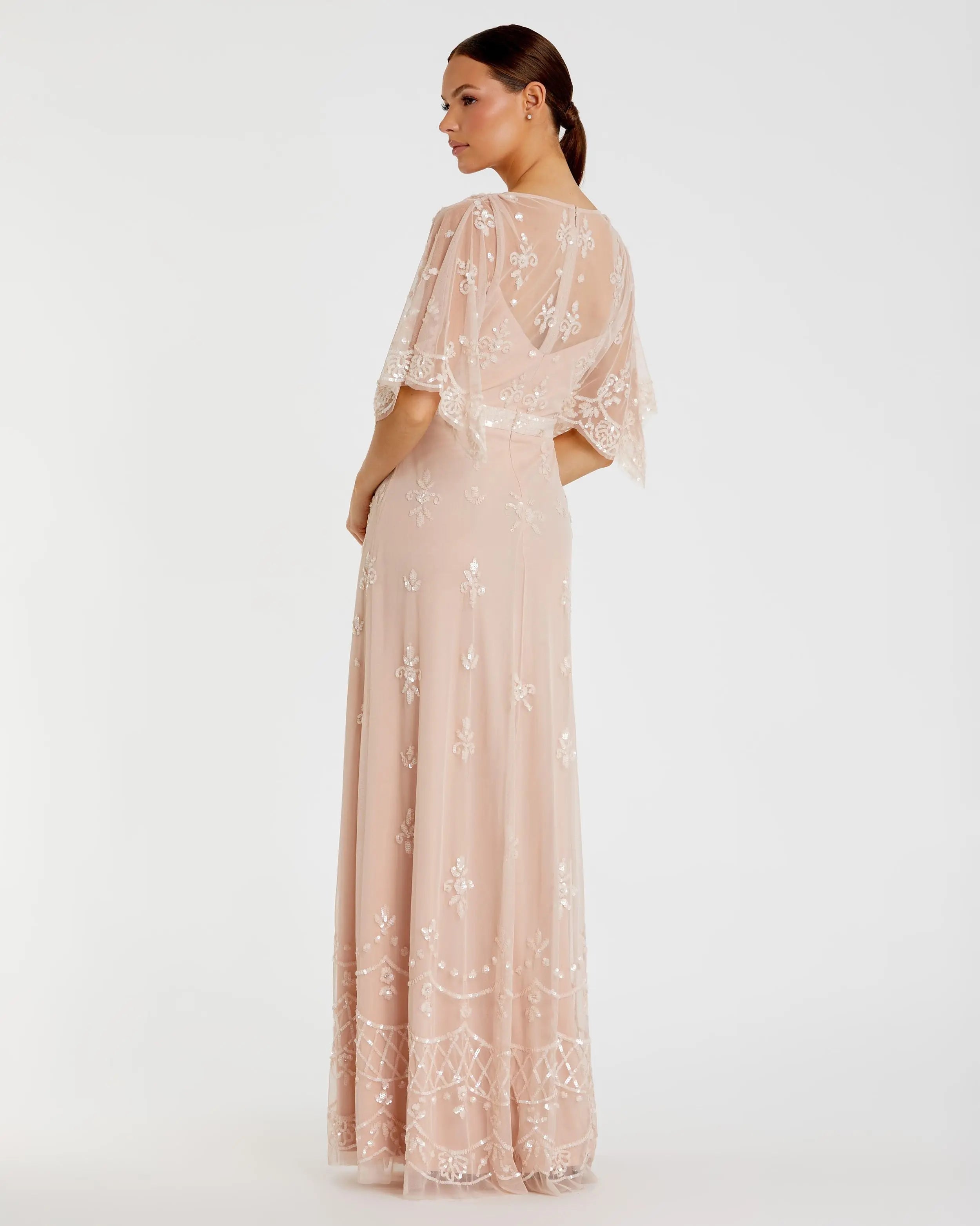 Pink V Neck Flounce Sleeve Embellished Mesh Gown-Myartka