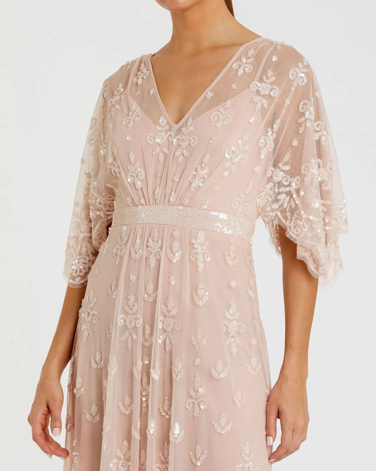 Pink V Neck Flounce Sleeve Embellished Mesh Gown-Myartka