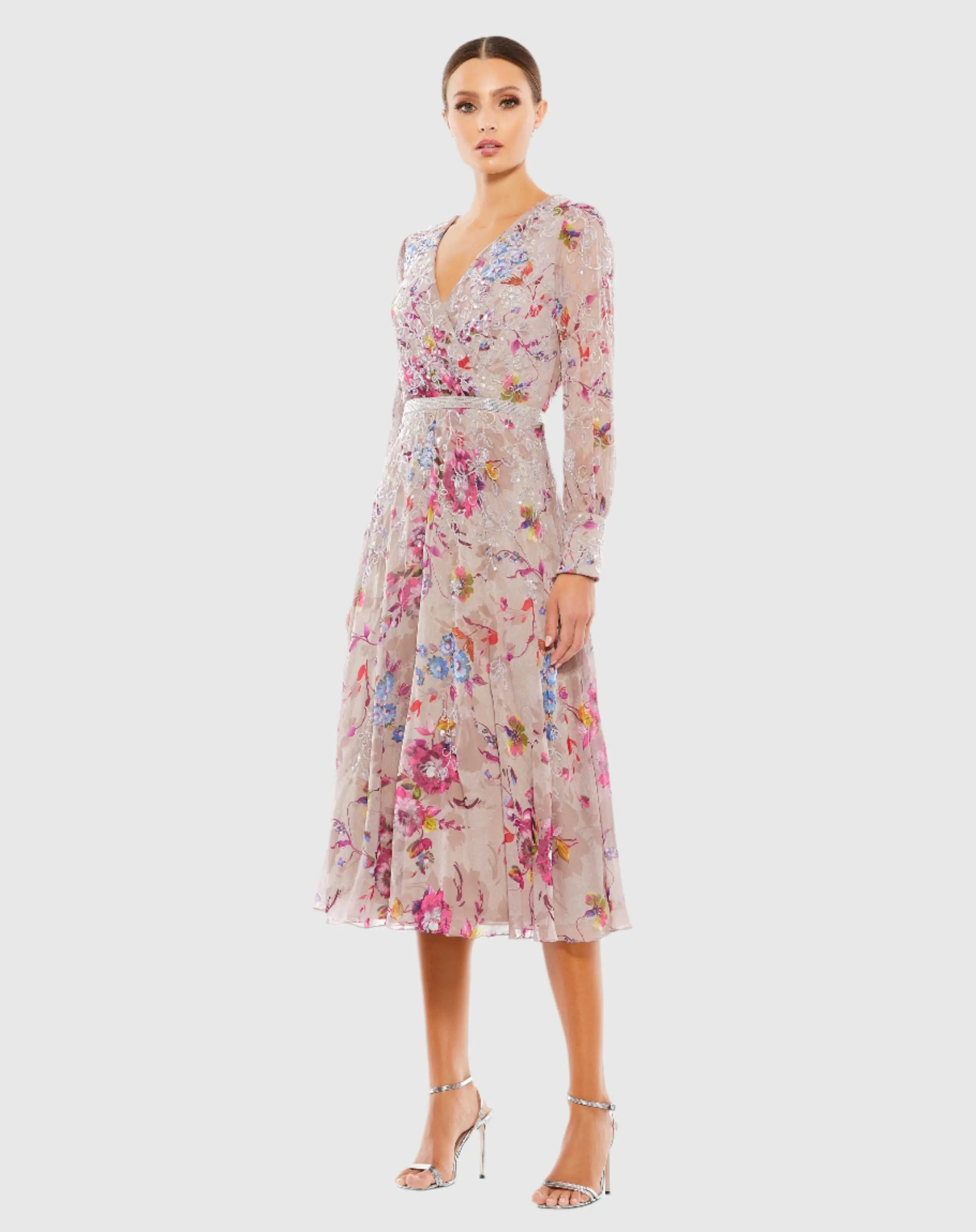 Multicolor Hand Embellished Floral Long Sleeve Midi Dress-Myartka