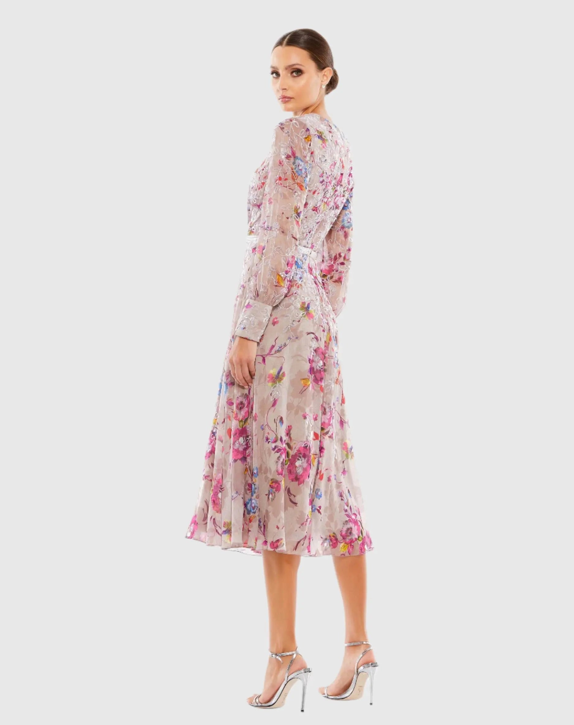 Multicolor Hand Embellished Floral Long Sleeve Midi Dress-Myartka