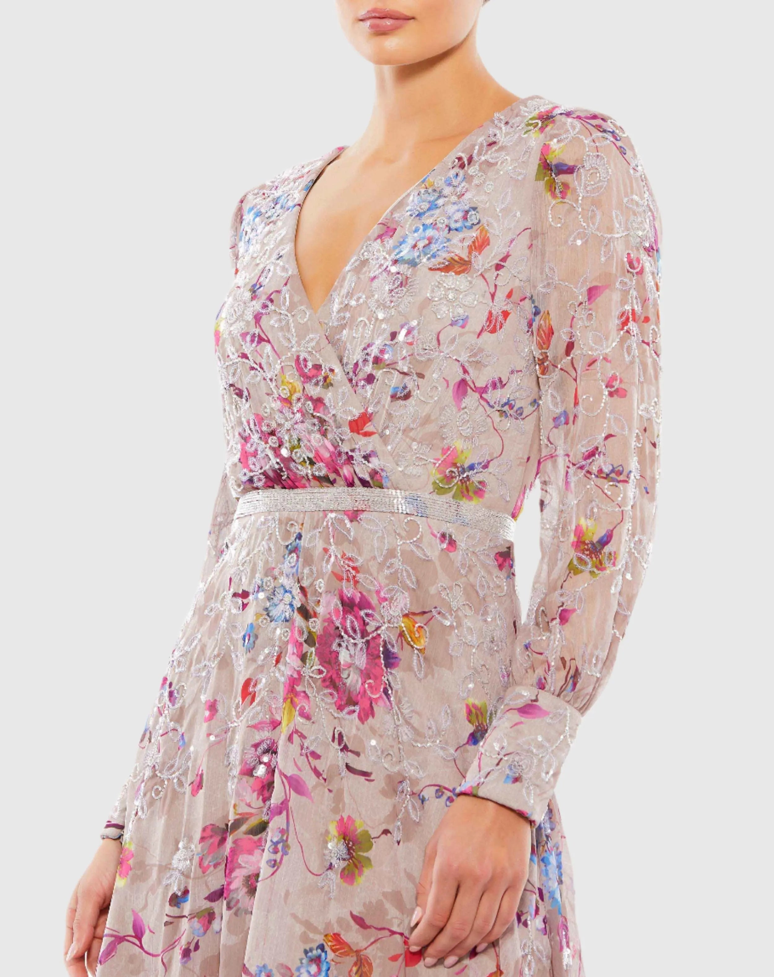 Multicolor Hand Embellished Floral Long Sleeve Midi Dress-Myartka