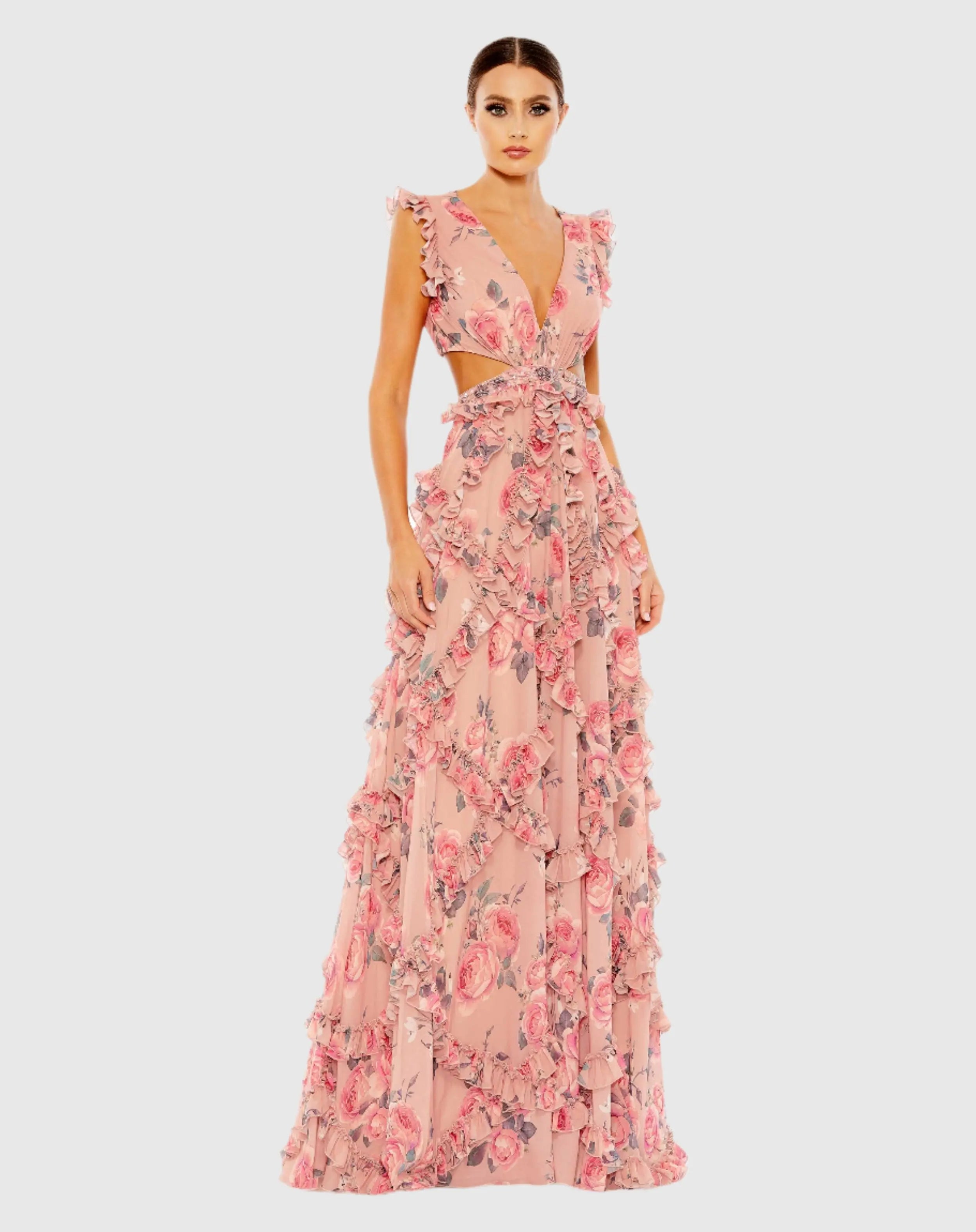 Pink Ruffled Cut Out Cap Sleeve V Neck Gown-Myartka