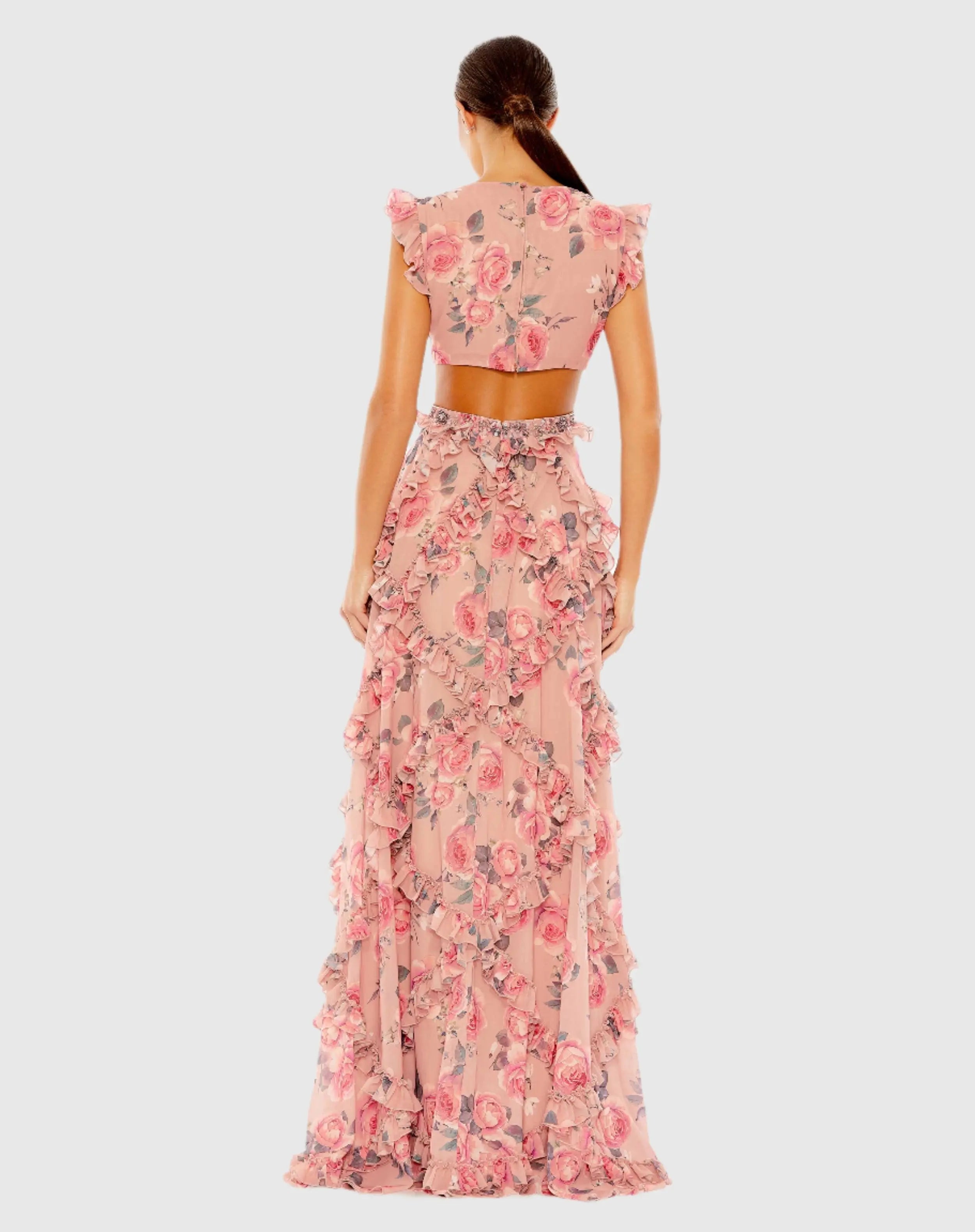 Pink Ruffled Cut Out Cap Sleeve V Neck Gown-Myartka