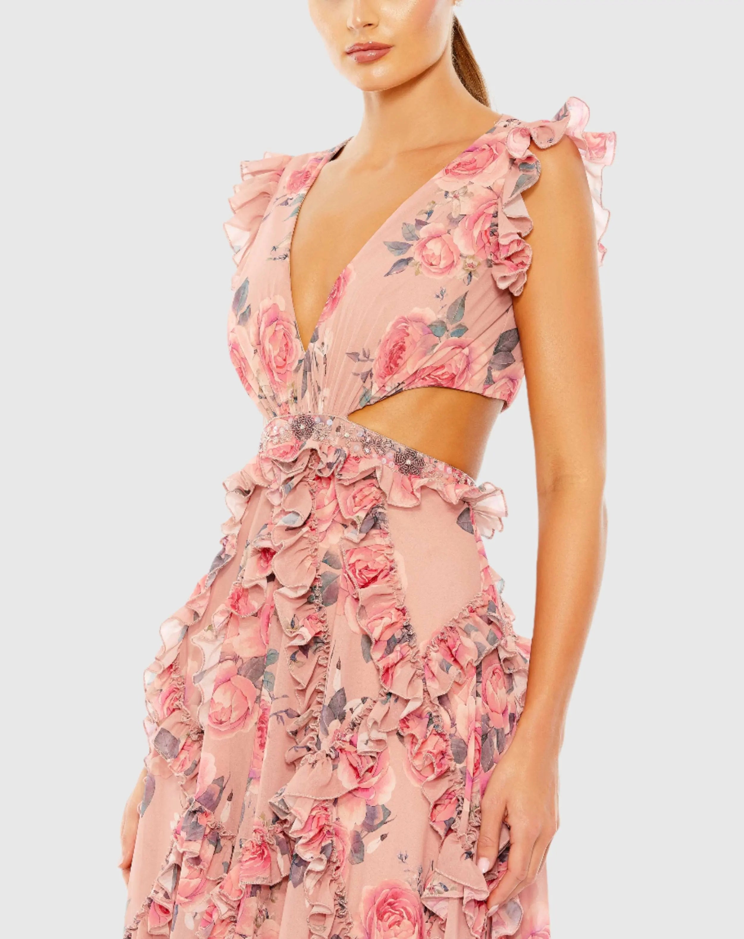 Pink Ruffled Cut Out Cap Sleeve V Neck Gown-Myartka