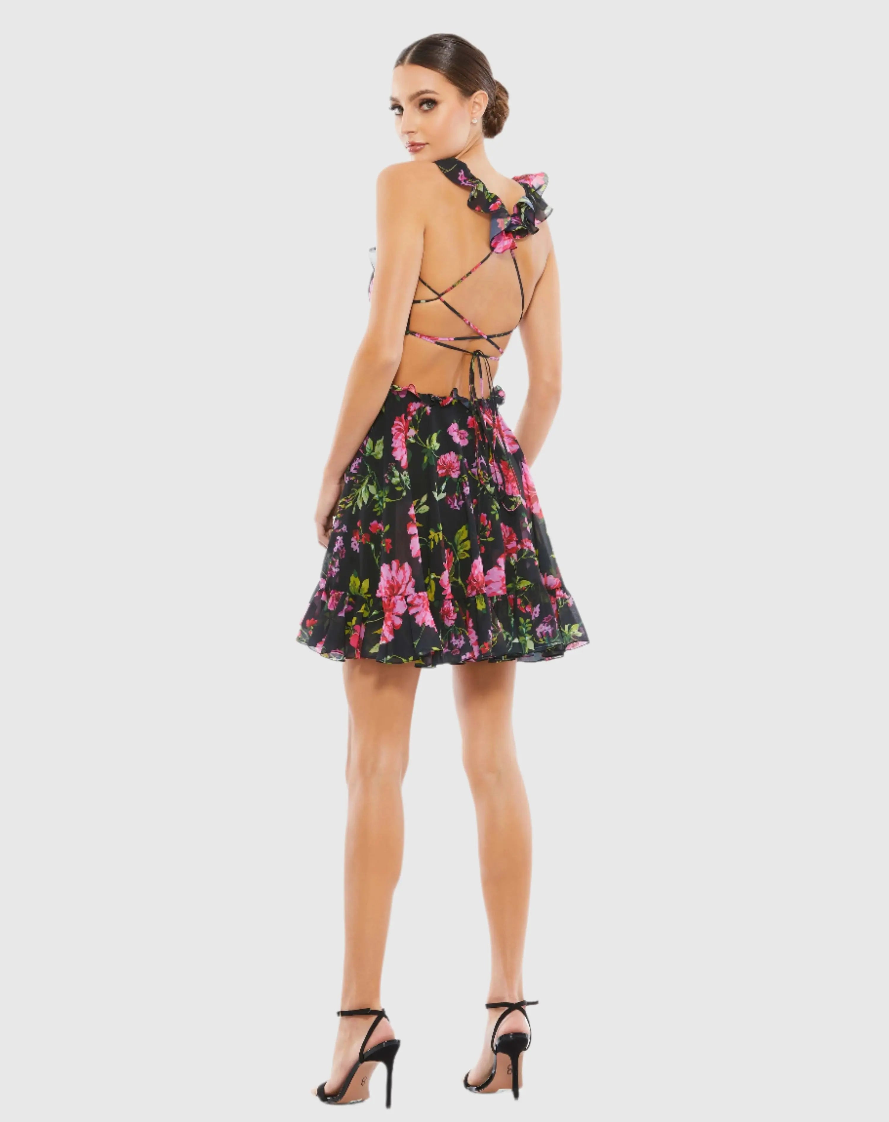 Black Ruffle Cut Out Lace Up Flowy Mini Dress-Myartka