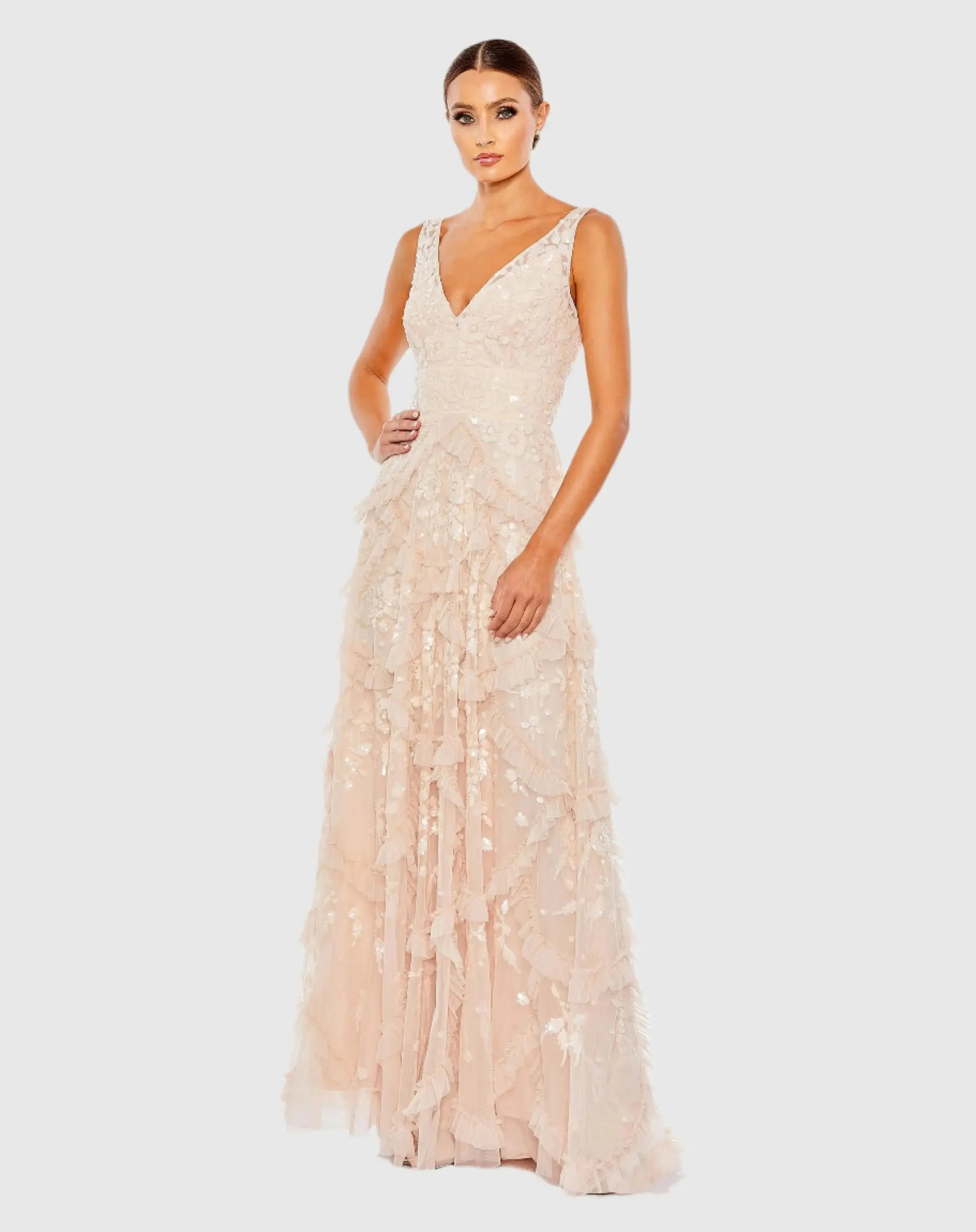 Sequined Scallop Ruffle Tiered V-Neck Gown-Myartka