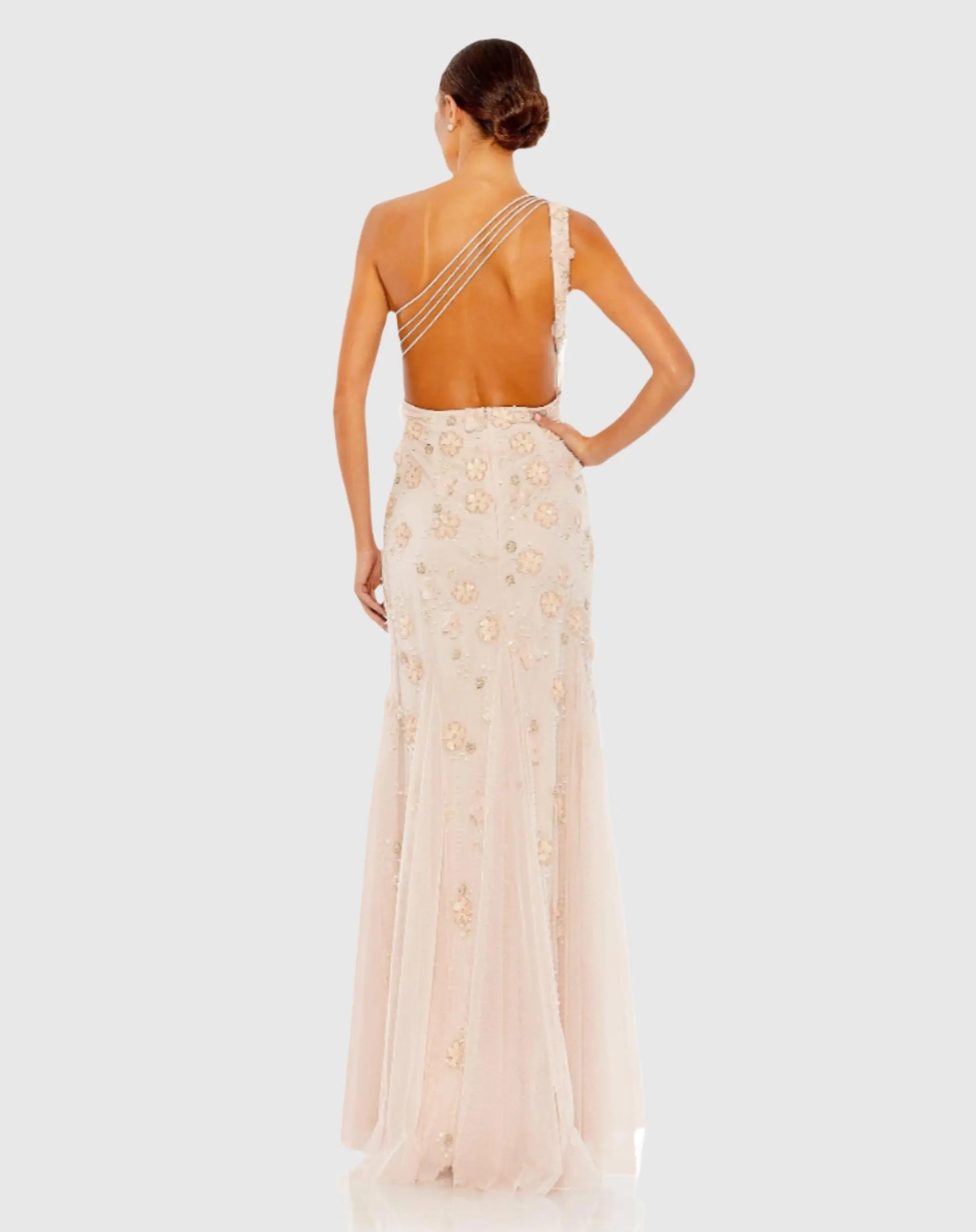 Pink Embellished One Shoulder Strappy Trumpet Gown-Myartka