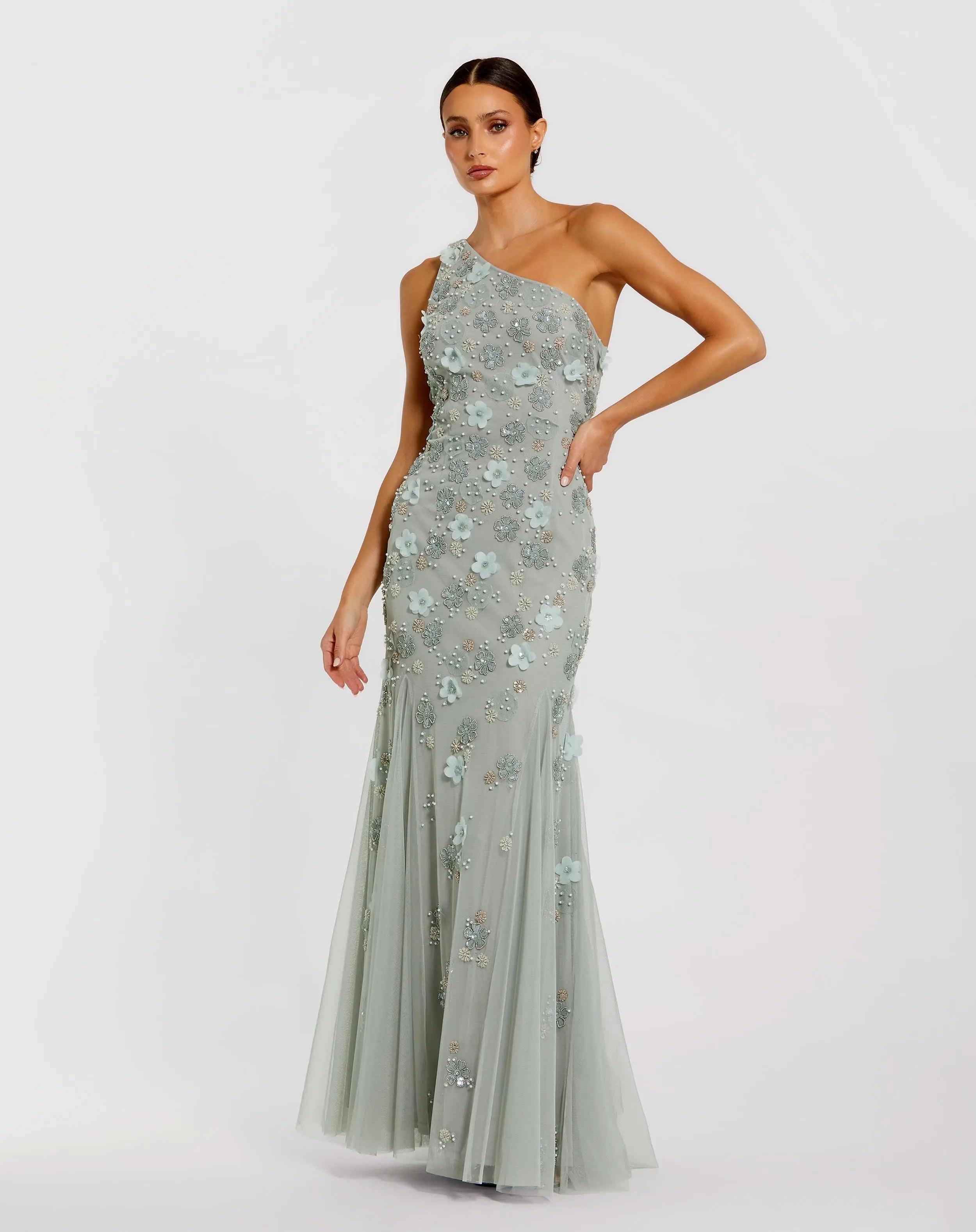 Green Embellished One Shoulder Strappy Trumpet Gown-Myartka