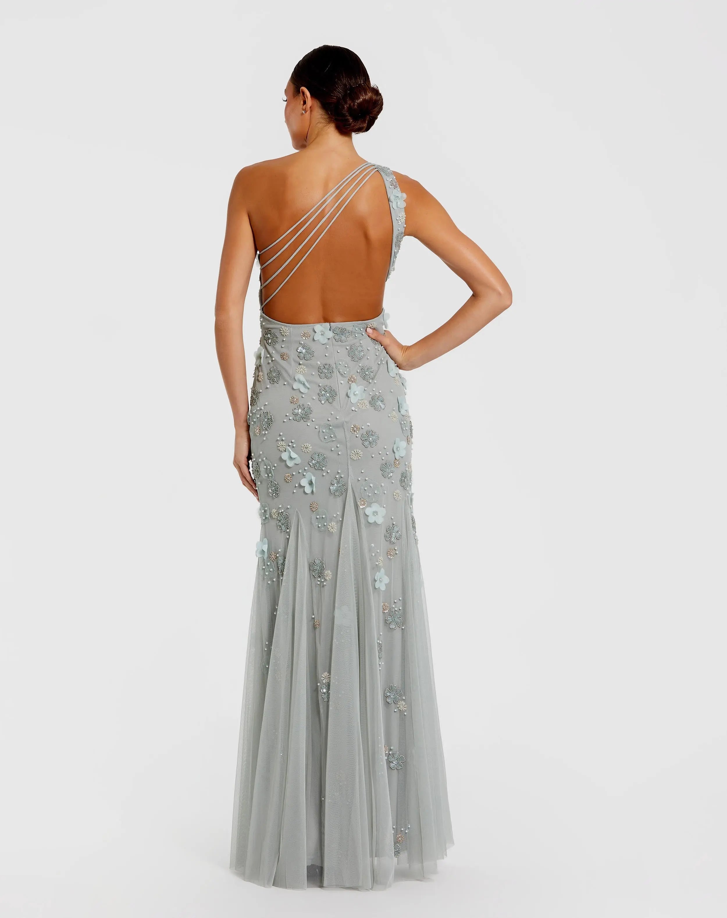 Green Embellished One Shoulder Strappy Trumpet Gown-Myartka