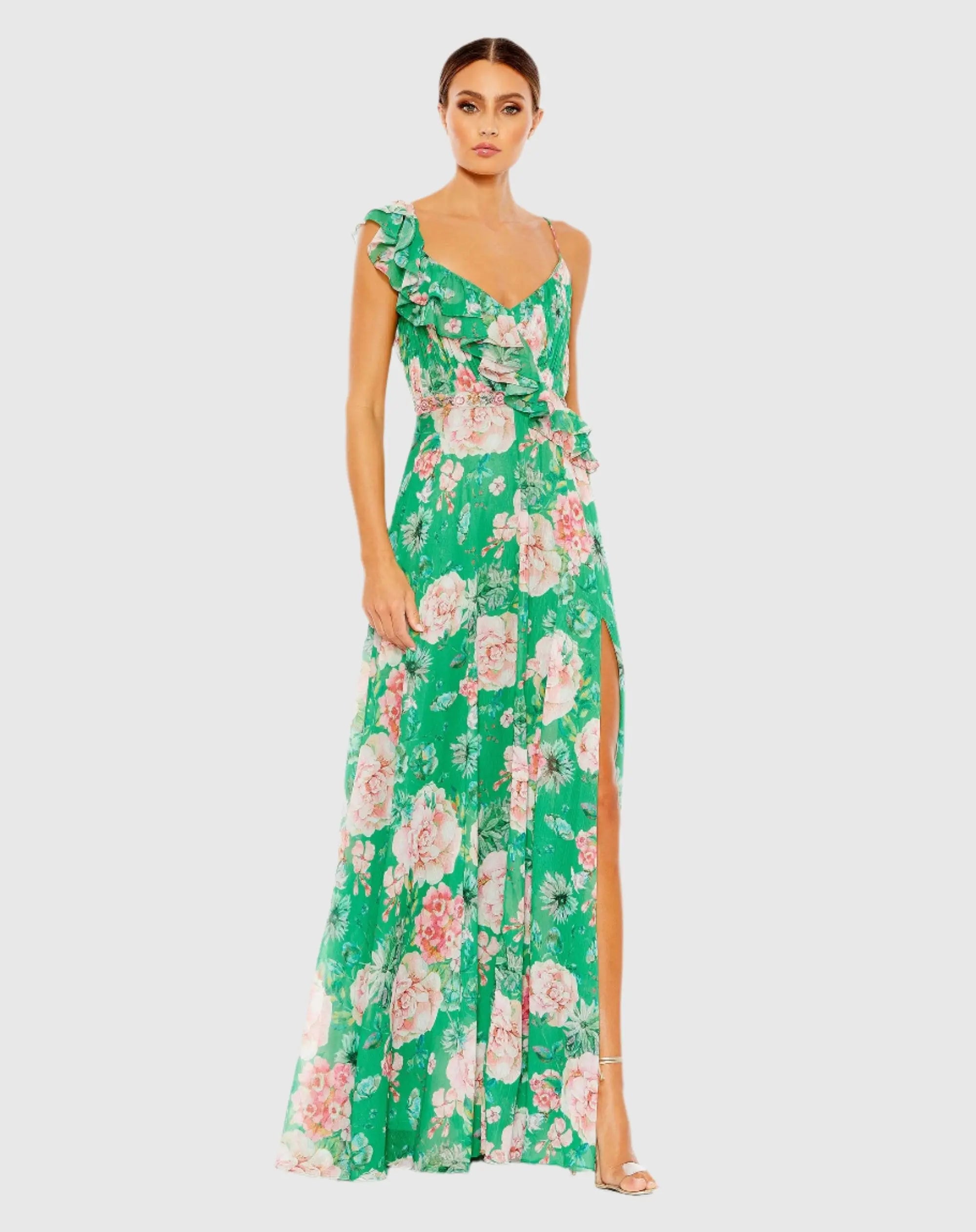 Green Floral Print Ruffled Wrap Over A Line Gown - FINAL SALE-Myartka