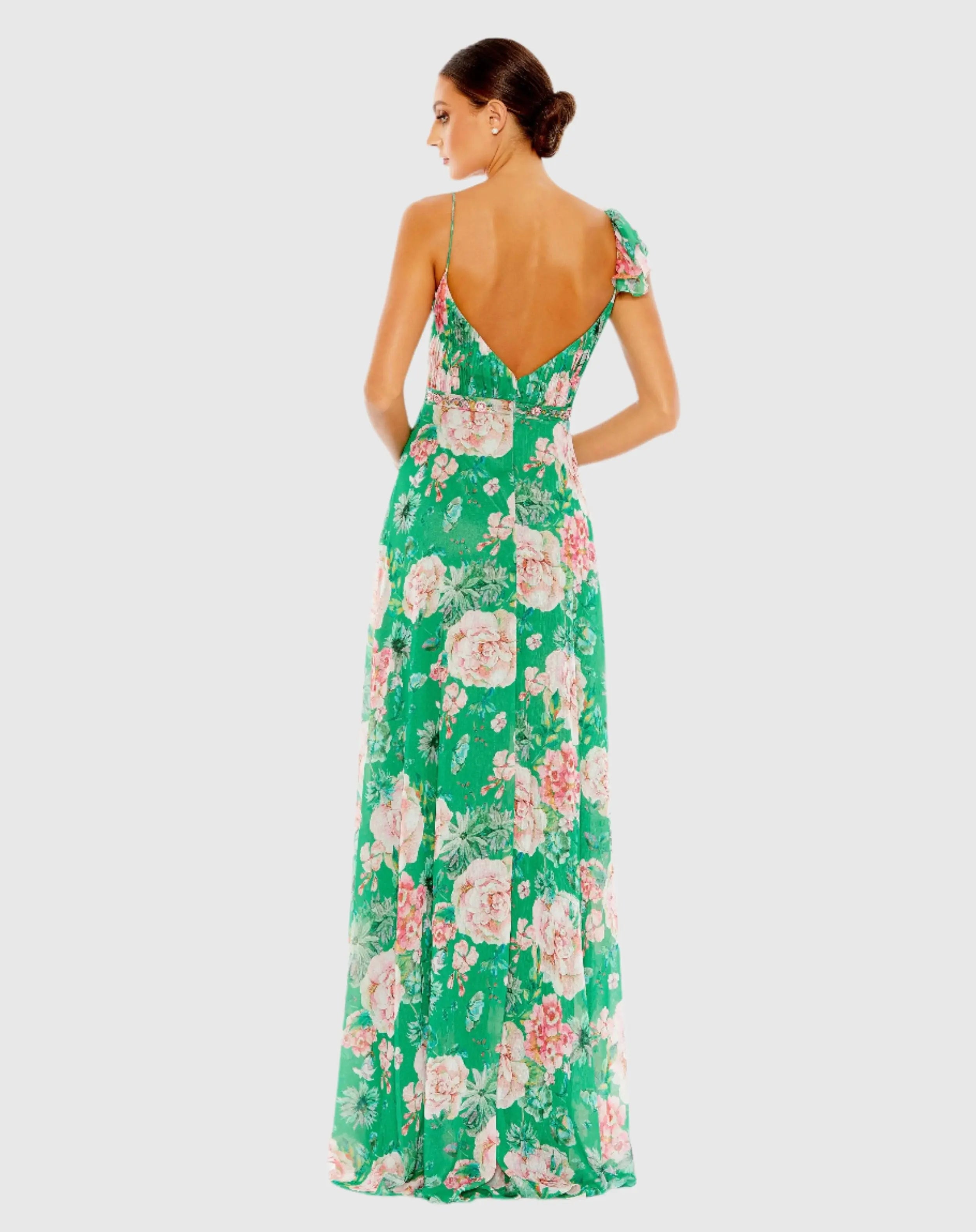 Green Floral Print Ruffled Wrap Over A Line Gown - FINAL SALE-Myartka