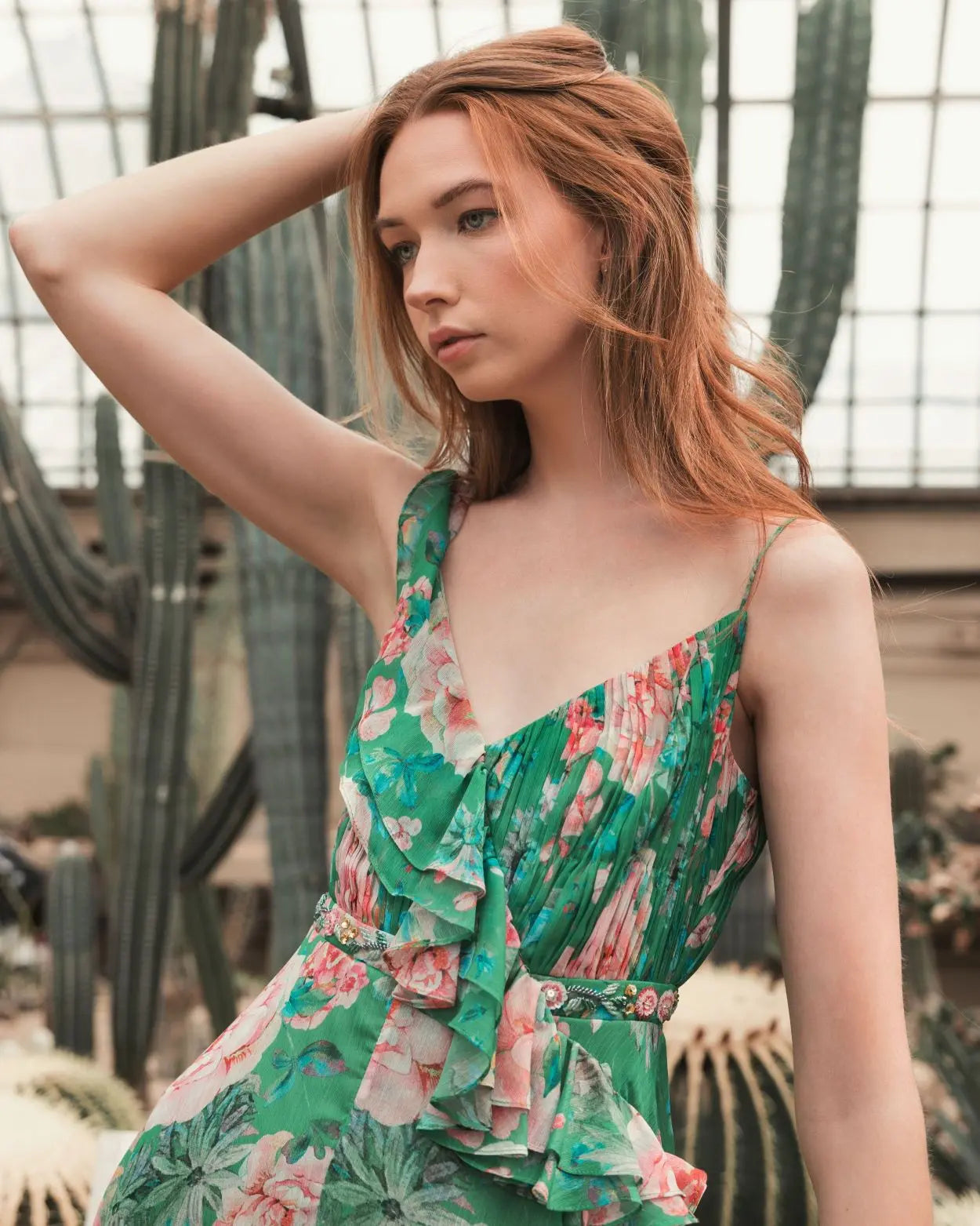 Green Floral Print Ruffled Wrap Over A Line Gown - FINAL SALE-Myartka