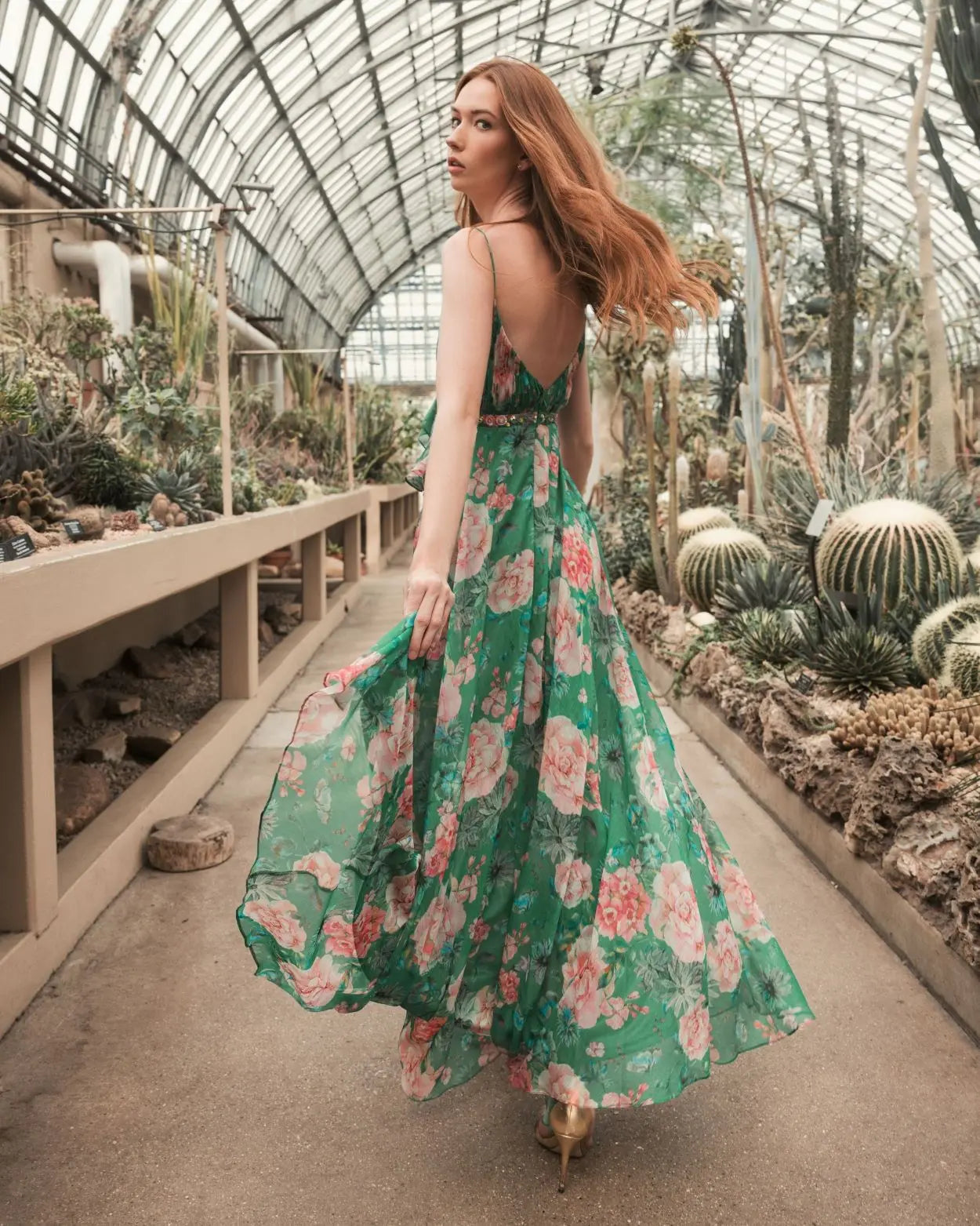 Green Floral Print Ruffled Wrap Over A Line Gown - FINAL SALE-Myartka