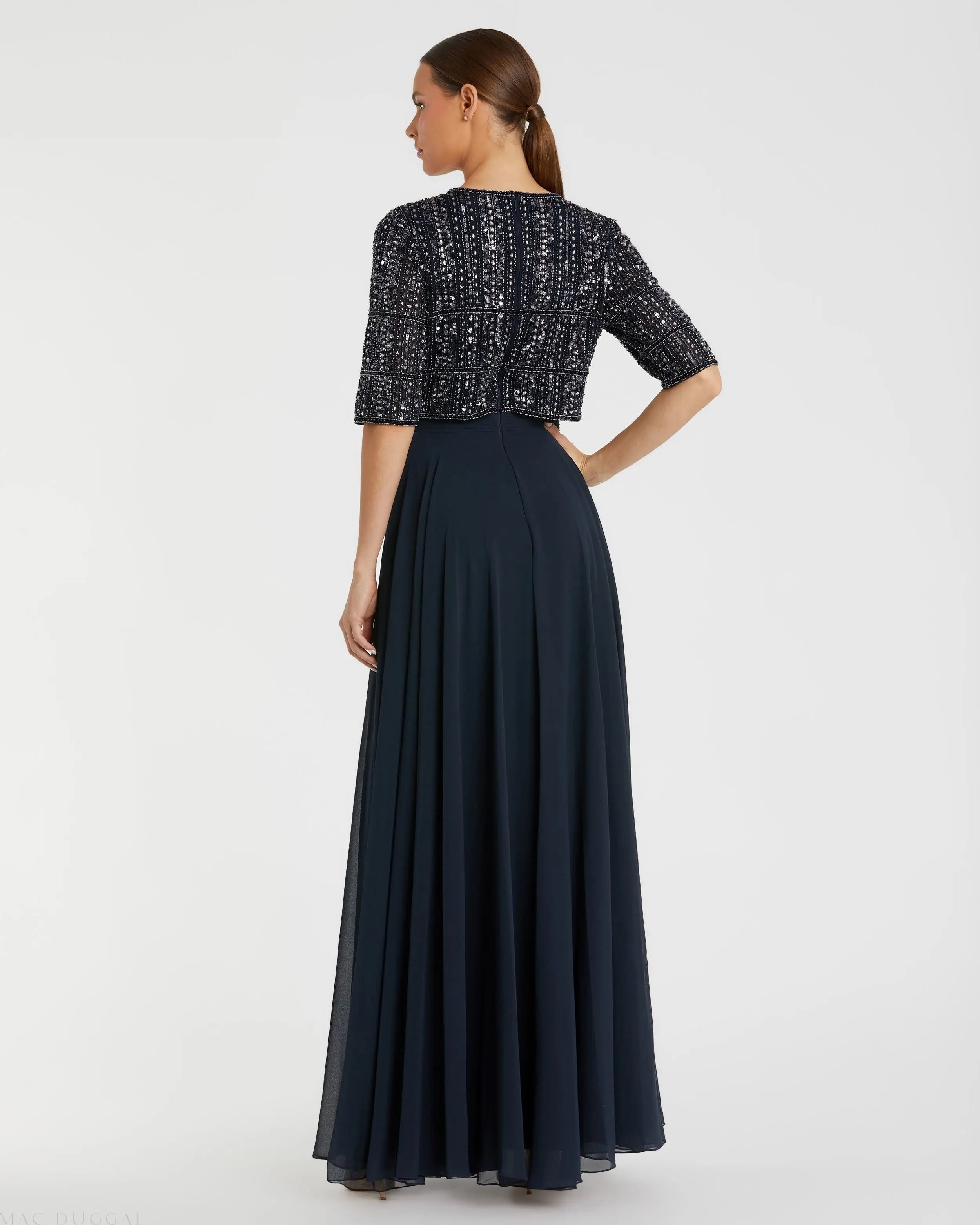 Navy Chiffon Gown w/ Fully Beaded 3/4 Sleeve Top-Myartka