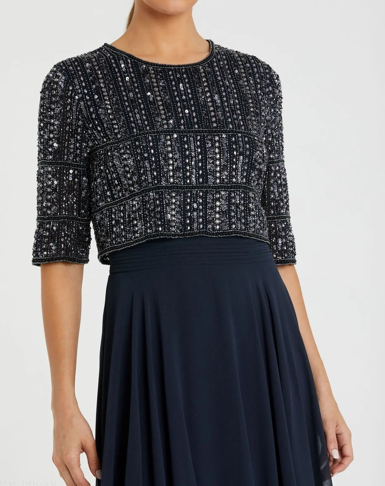Navy Chiffon Gown w/ Fully Beaded 3/4 Sleeve Top-Myartka