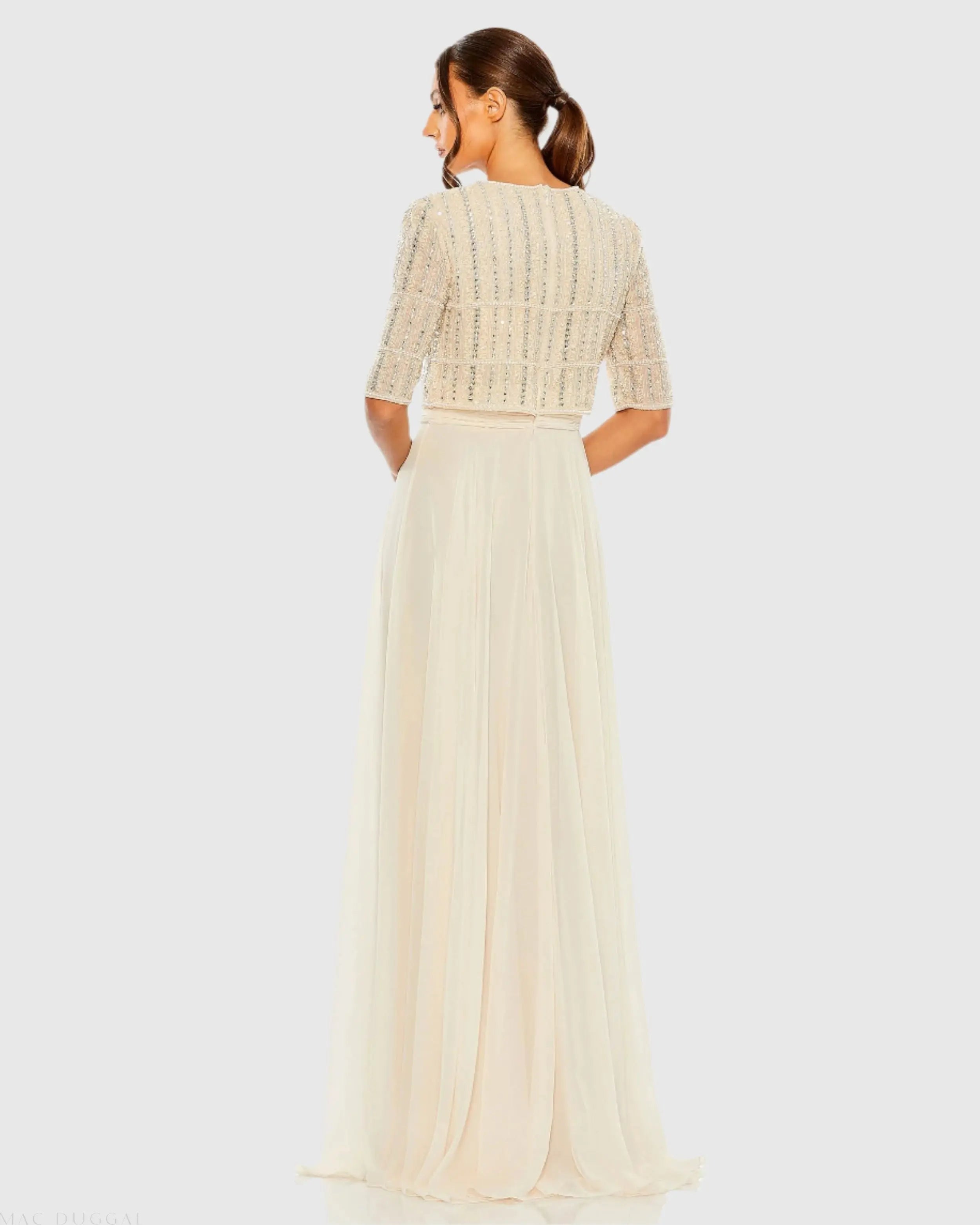 Beige Chiffon Gown w/ Fully Beaded 3/4 Sleeve Top-Myartka