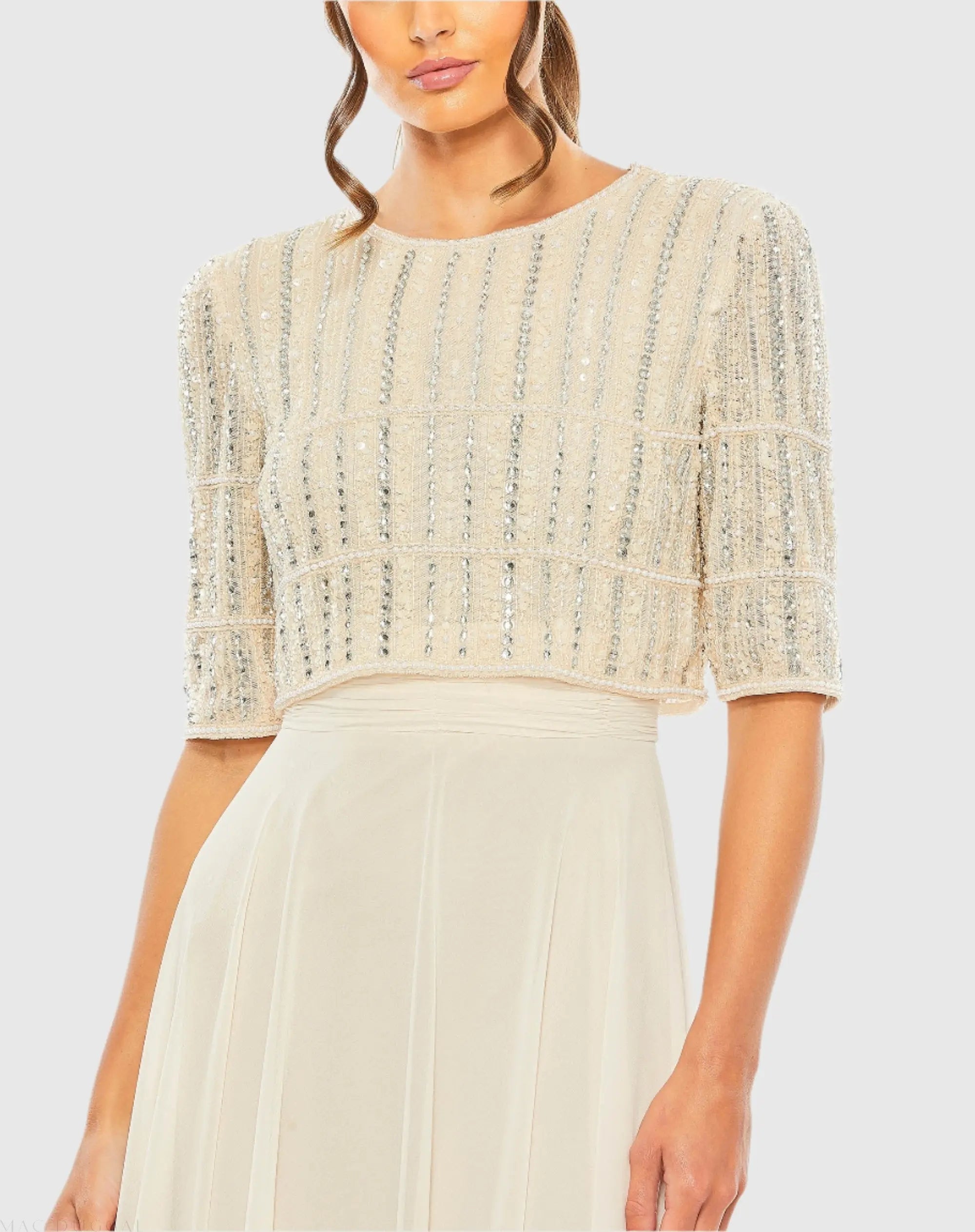 Beige Chiffon Gown w/ Fully Beaded 3/4 Sleeve Top-Myartka