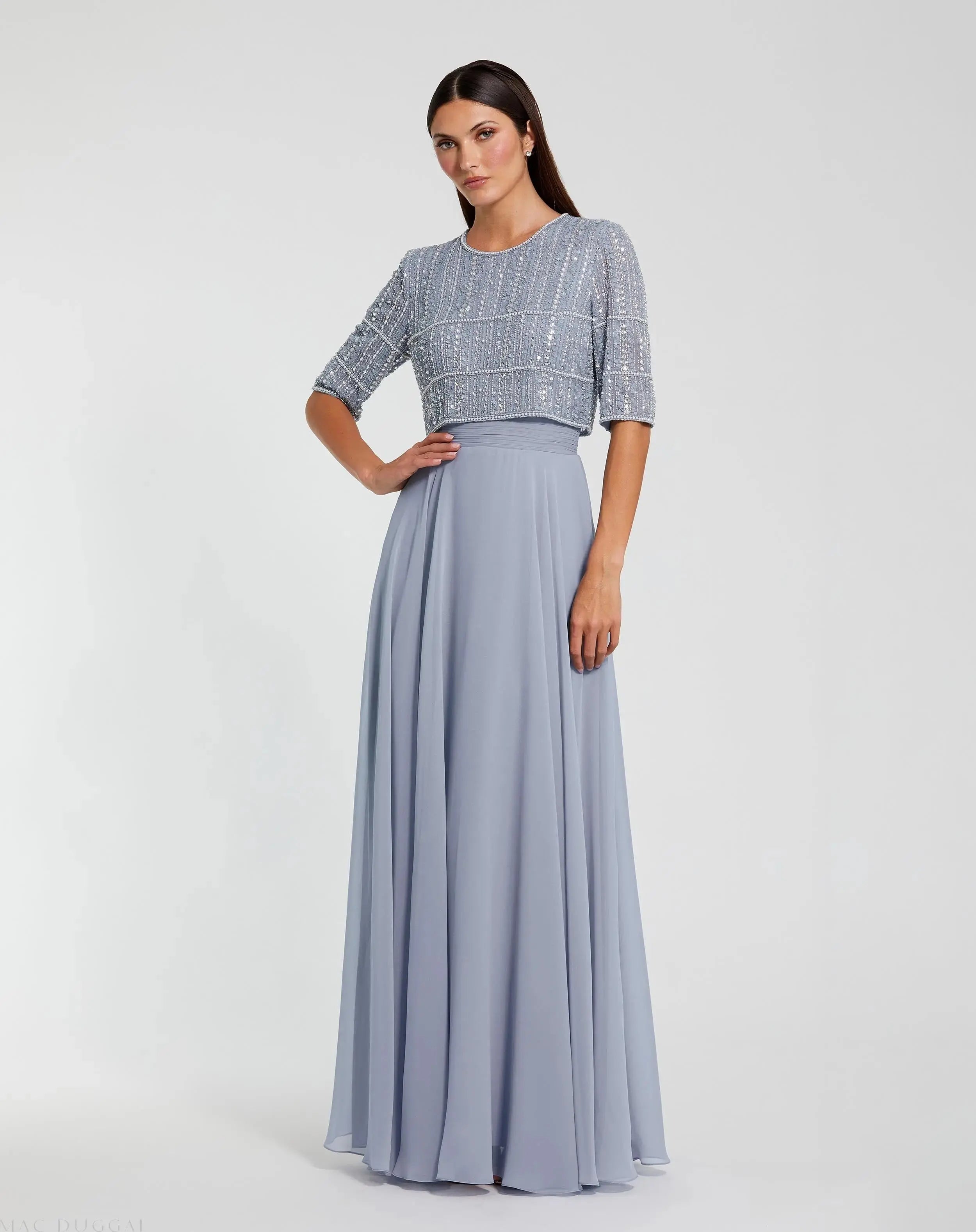 Blue Chiffon Gown w/ Fully Beaded 3/4 Sleeve Top-Myartka