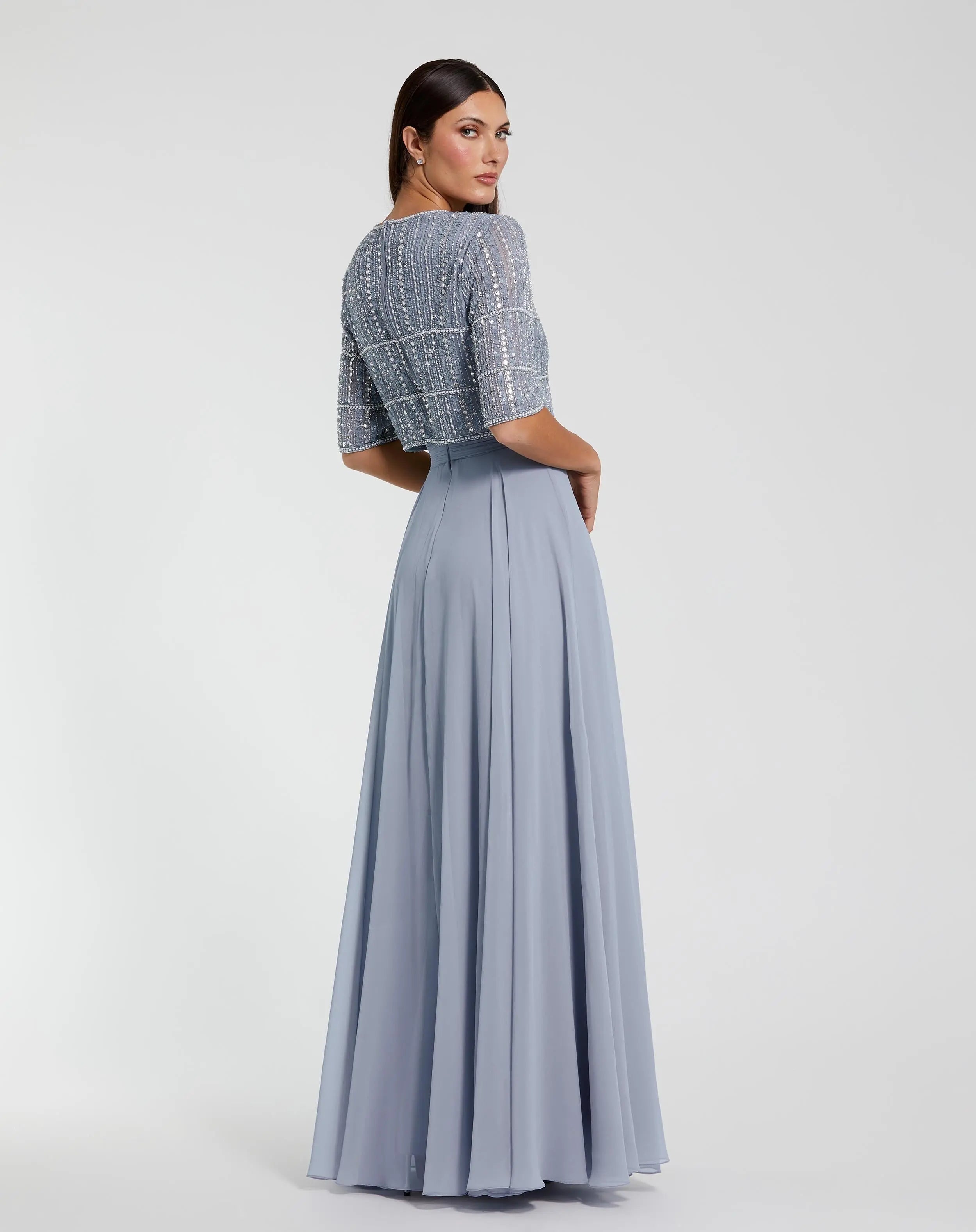 Blue Chiffon Gown w/ Fully Beaded 3/4 Sleeve Top-Myartka
