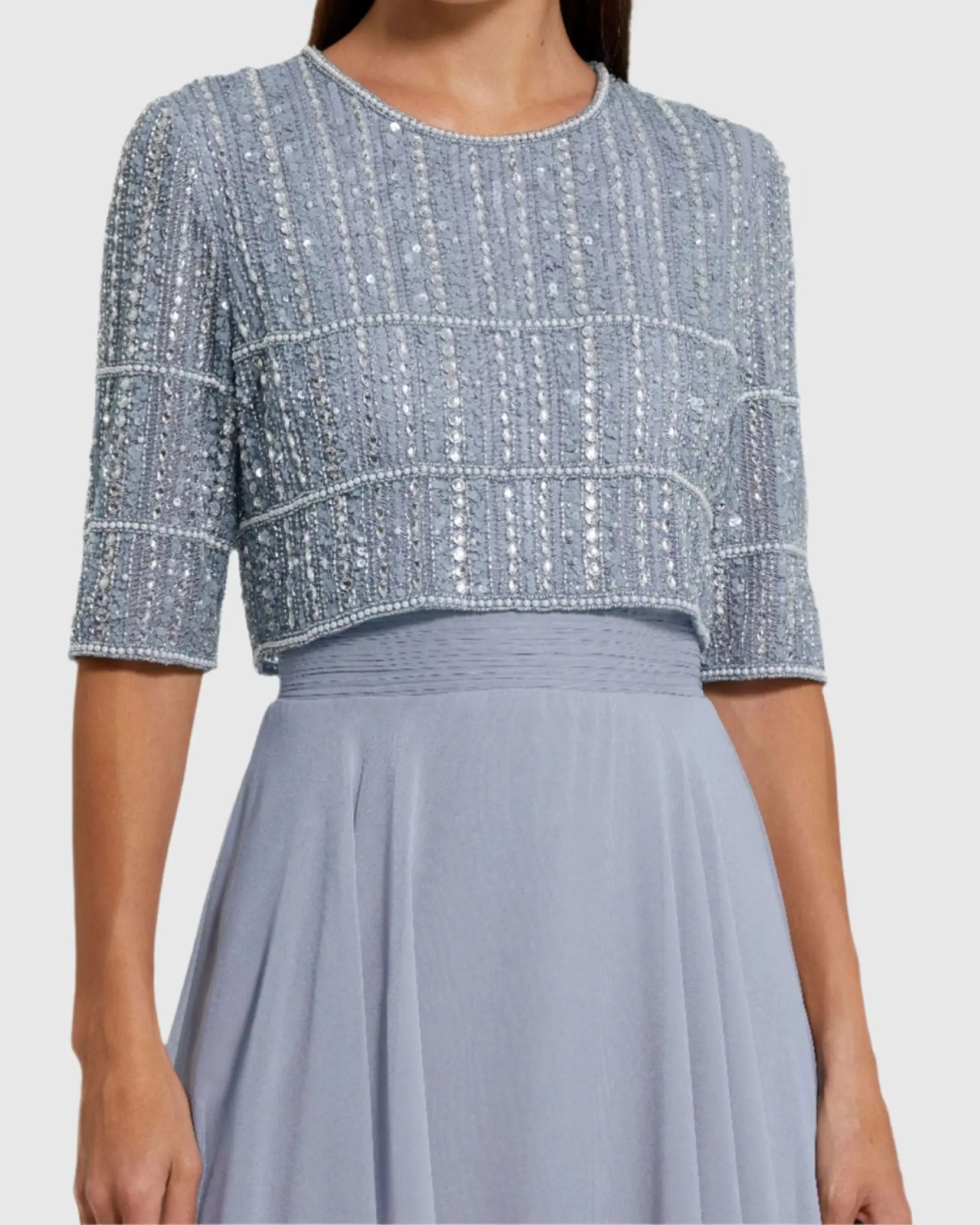 Blue Chiffon Gown w/ Fully Beaded 3/4 Sleeve Top-Myartka