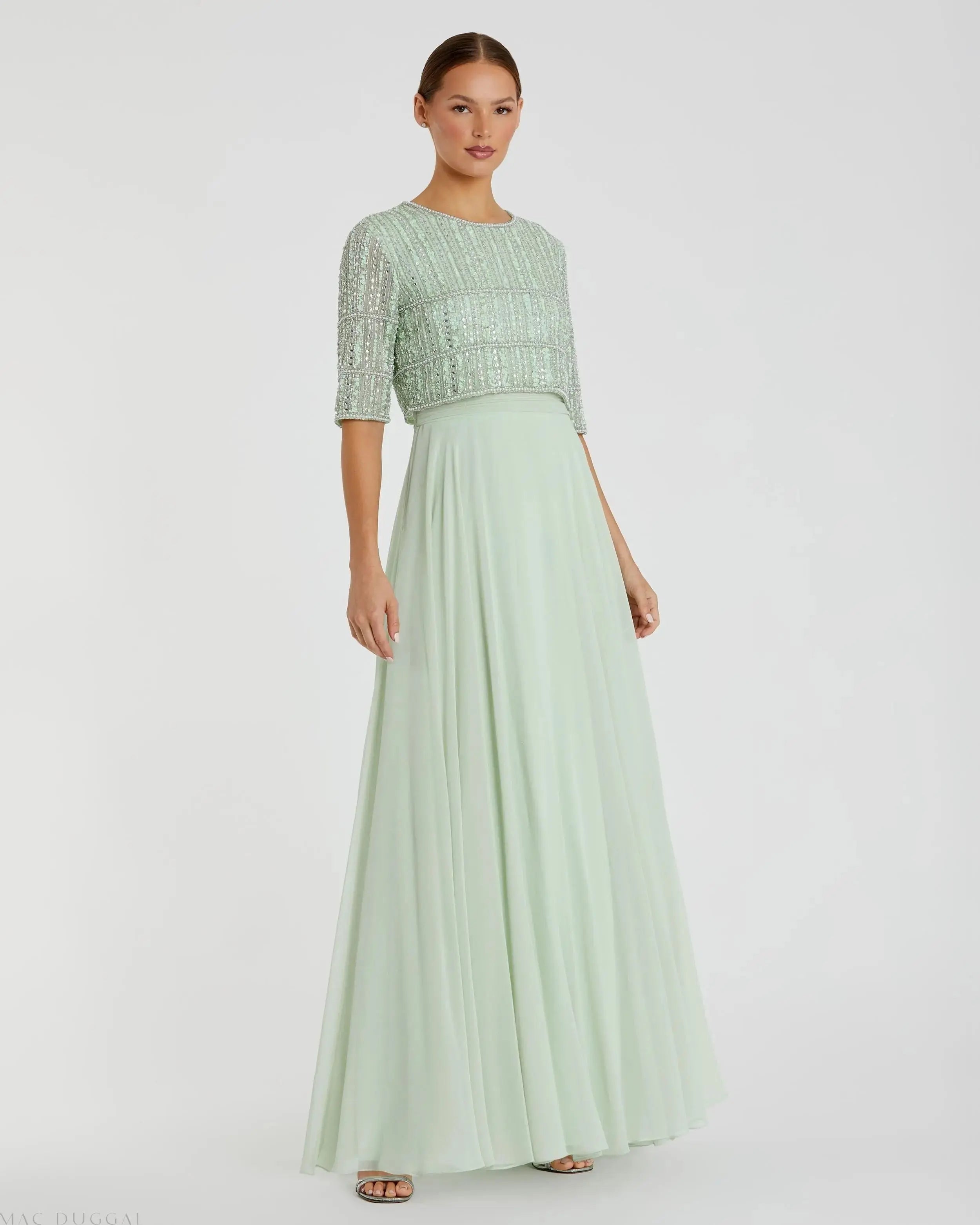 Green Chiffon Gown w/ Fully Beaded 3/4 Sleeve Top-Myartka