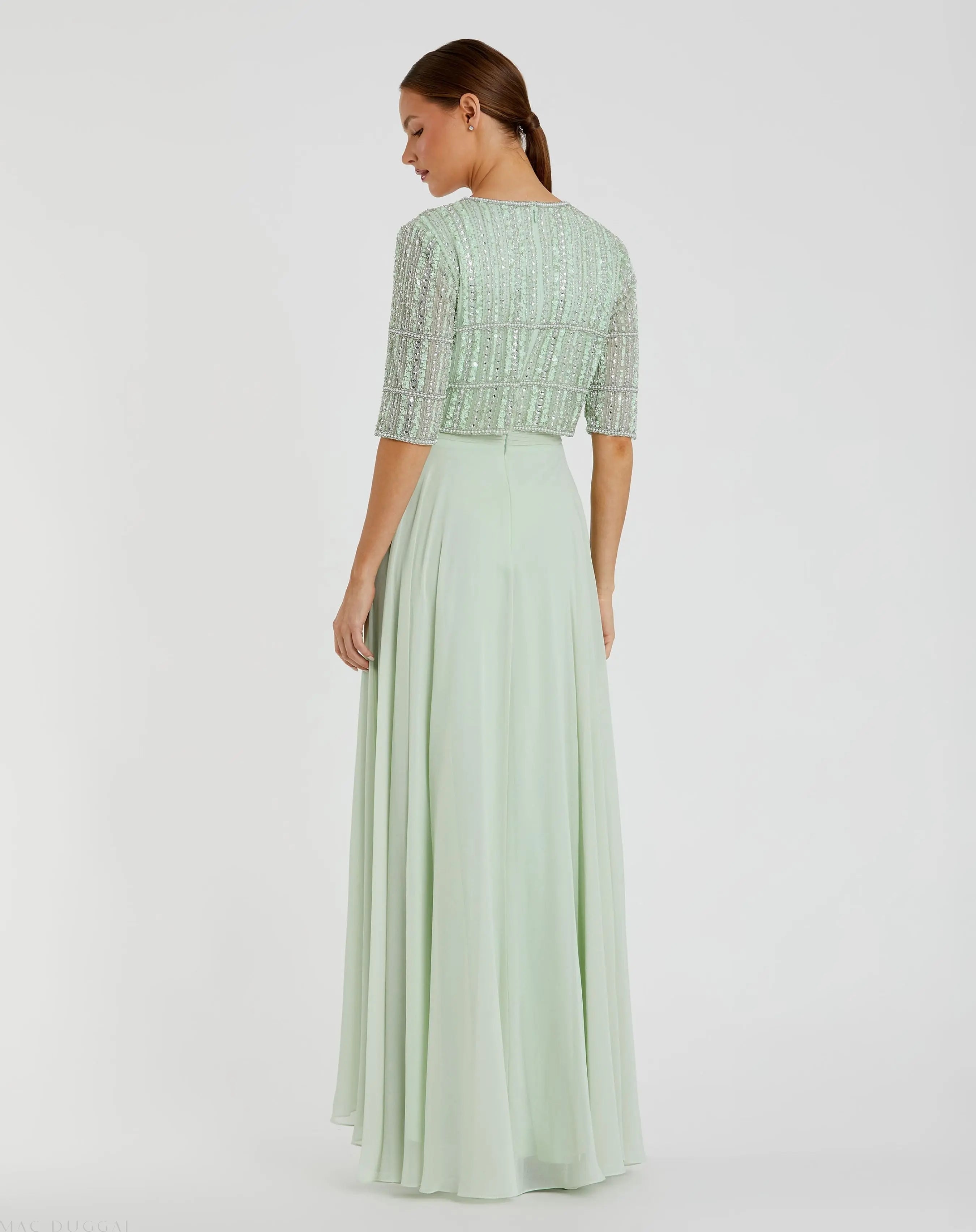 Green Chiffon Gown w/ Fully Beaded 3/4 Sleeve Top-Myartka