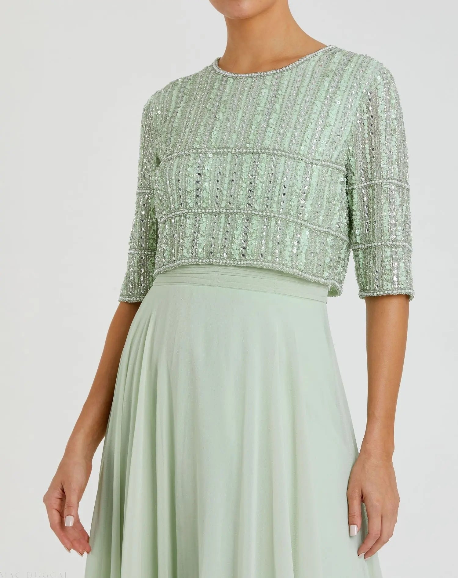 Green Chiffon Gown w/ Fully Beaded 3/4 Sleeve Top-Myartka
