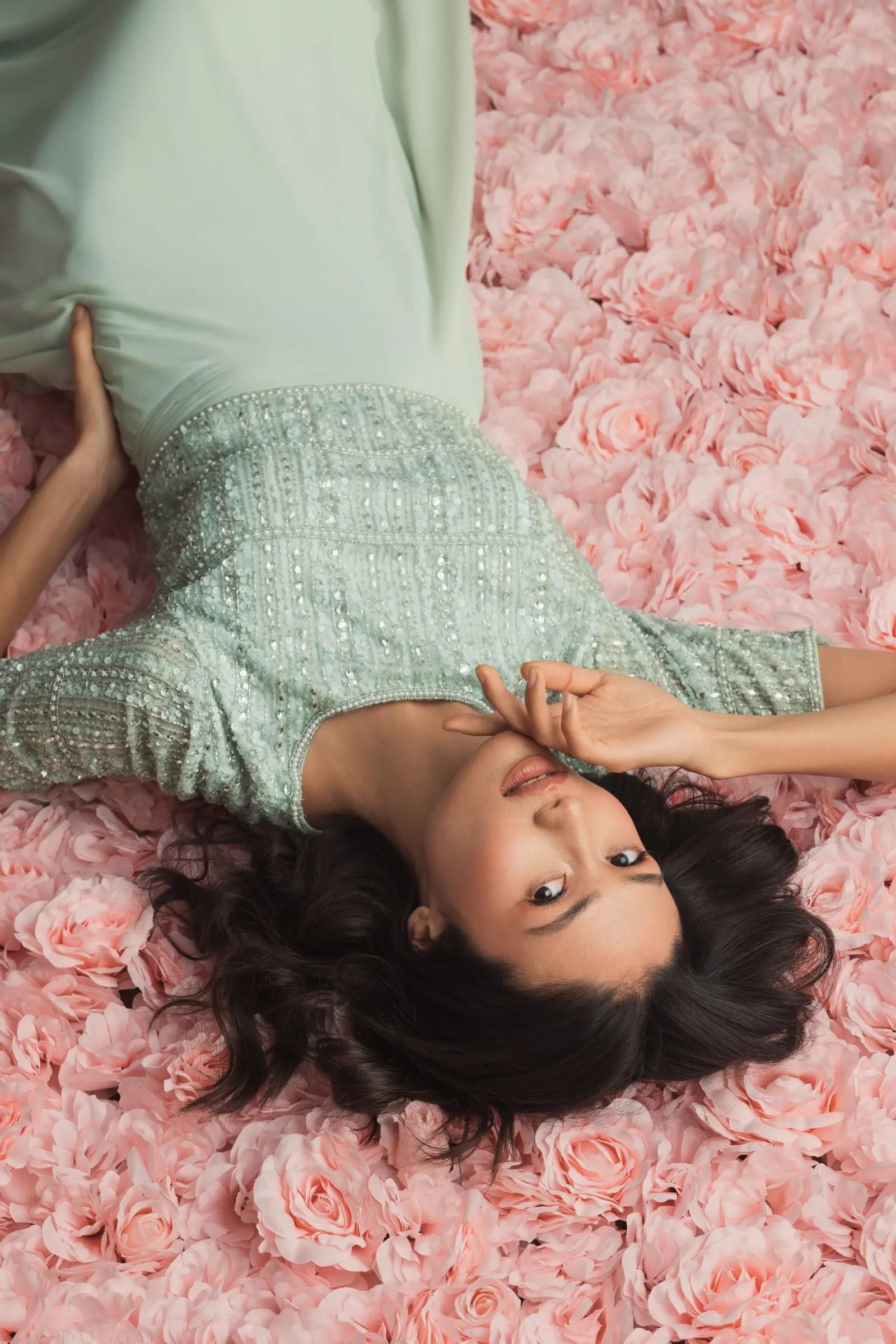 Green Chiffon Gown w/ Fully Beaded 3/4 Sleeve Top-Myartka