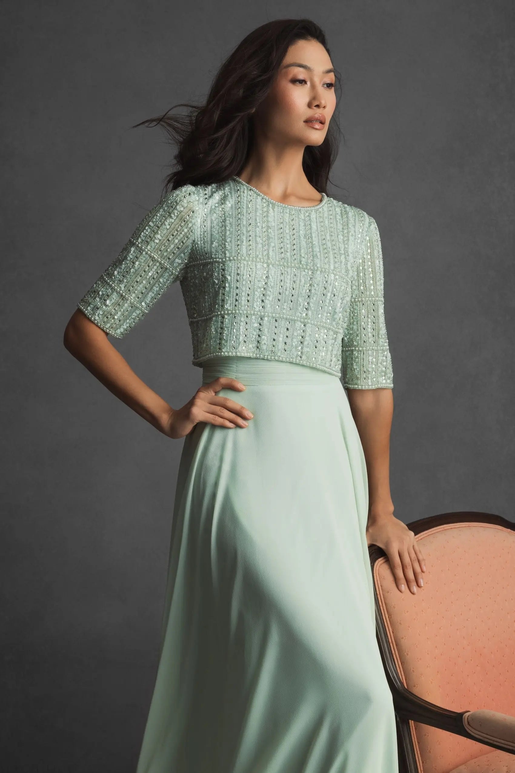 Green Chiffon Gown w/ Fully Beaded 3/4 Sleeve Top-Myartka