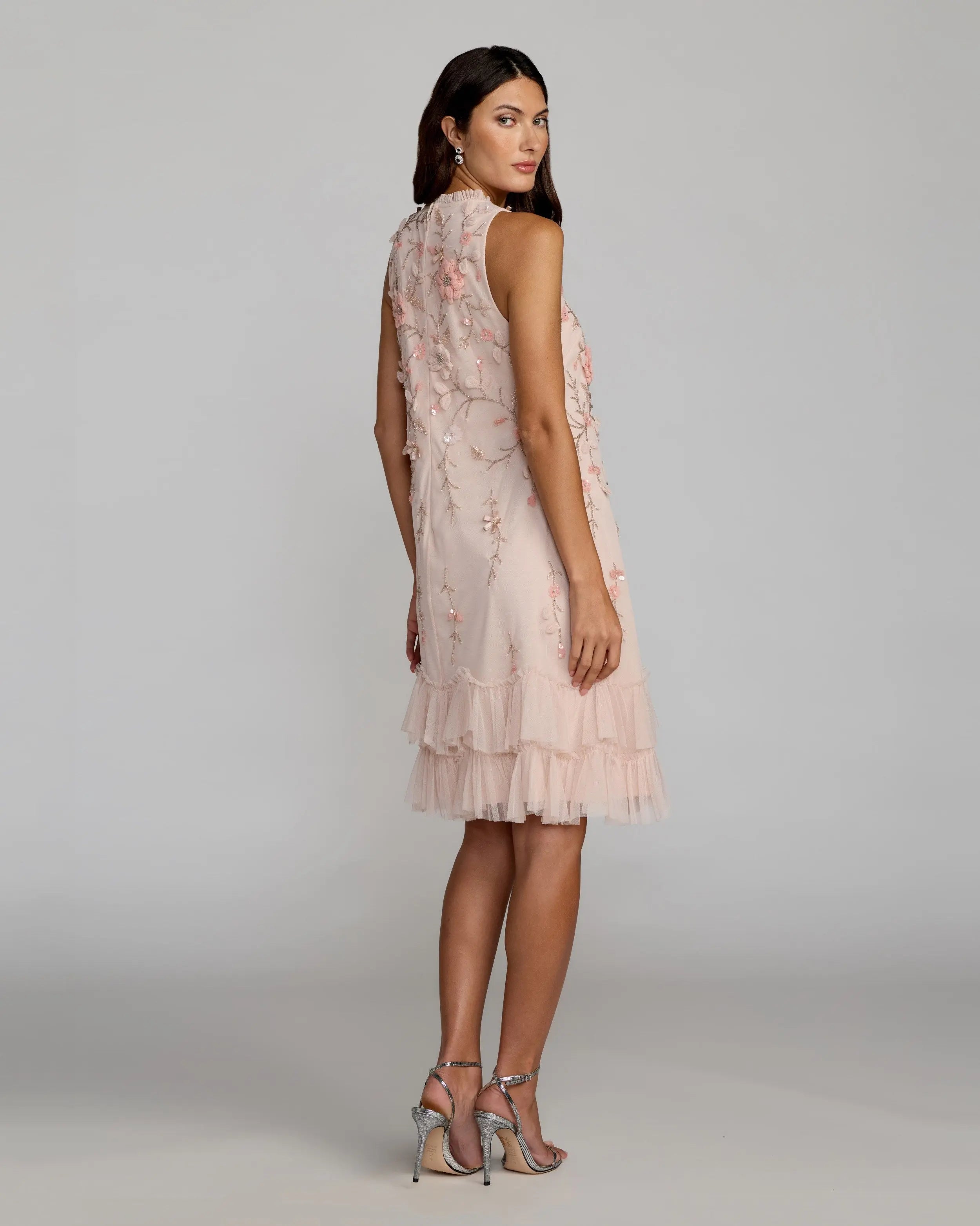 Pink Embellished Ruffle Tiered High Neck Floral Dress-Myartka