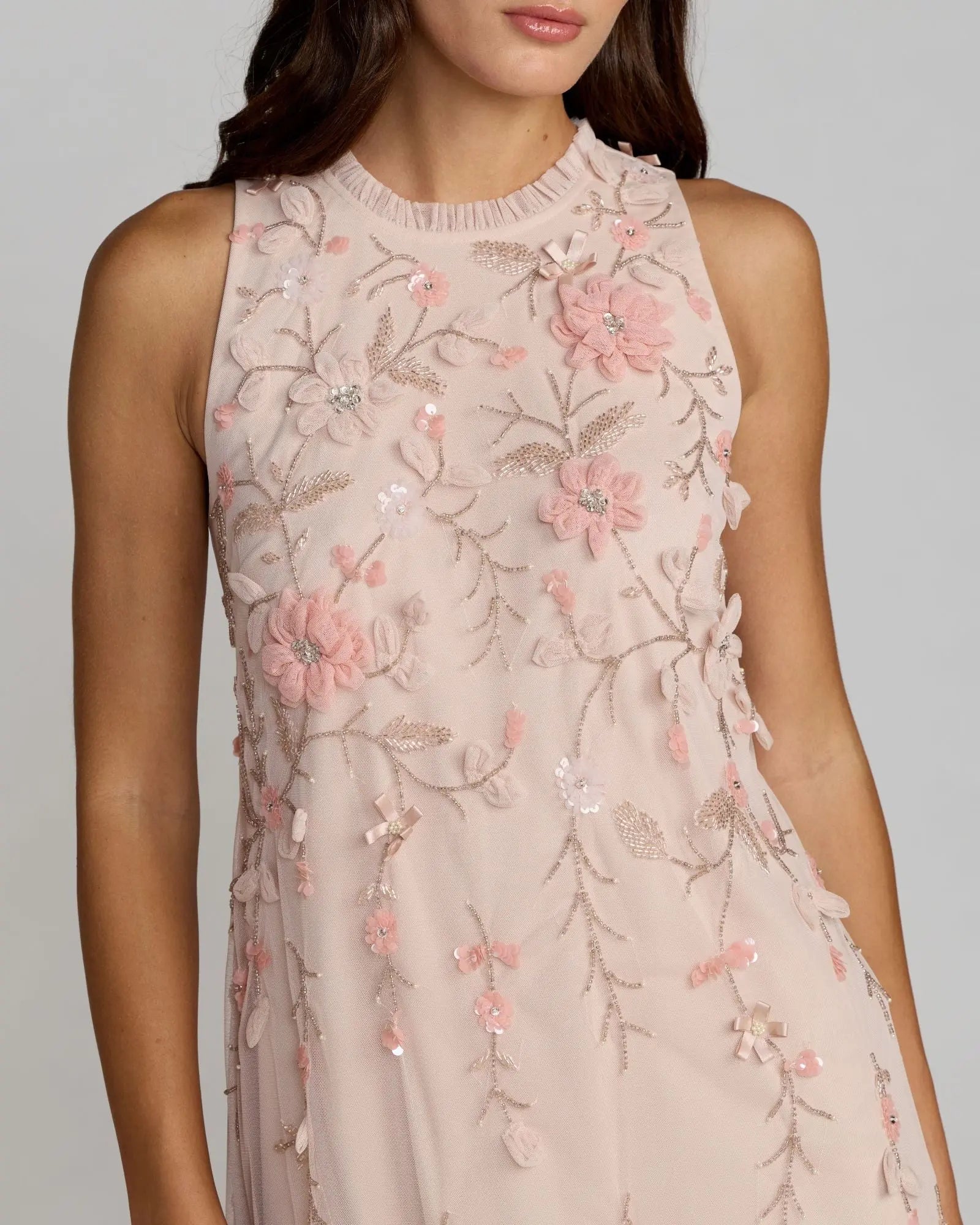 Pink Embellished Ruffle Tiered High Neck Floral Dress-Myartka