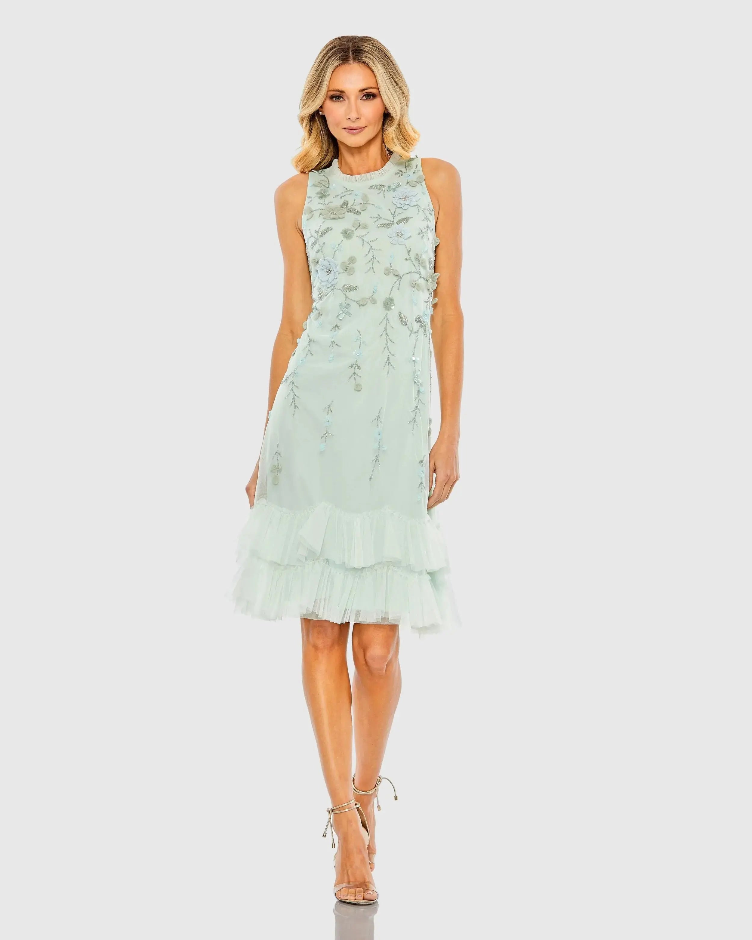 Green Embellished Ruffle Tiered High Neck Floral Dress-Myartka