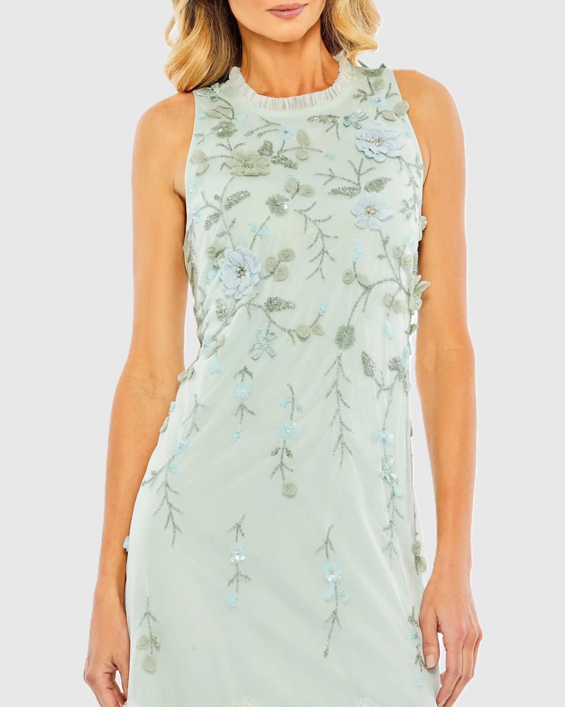 Green Embellished Ruffle Tiered High Neck Floral Dress-Myartka
