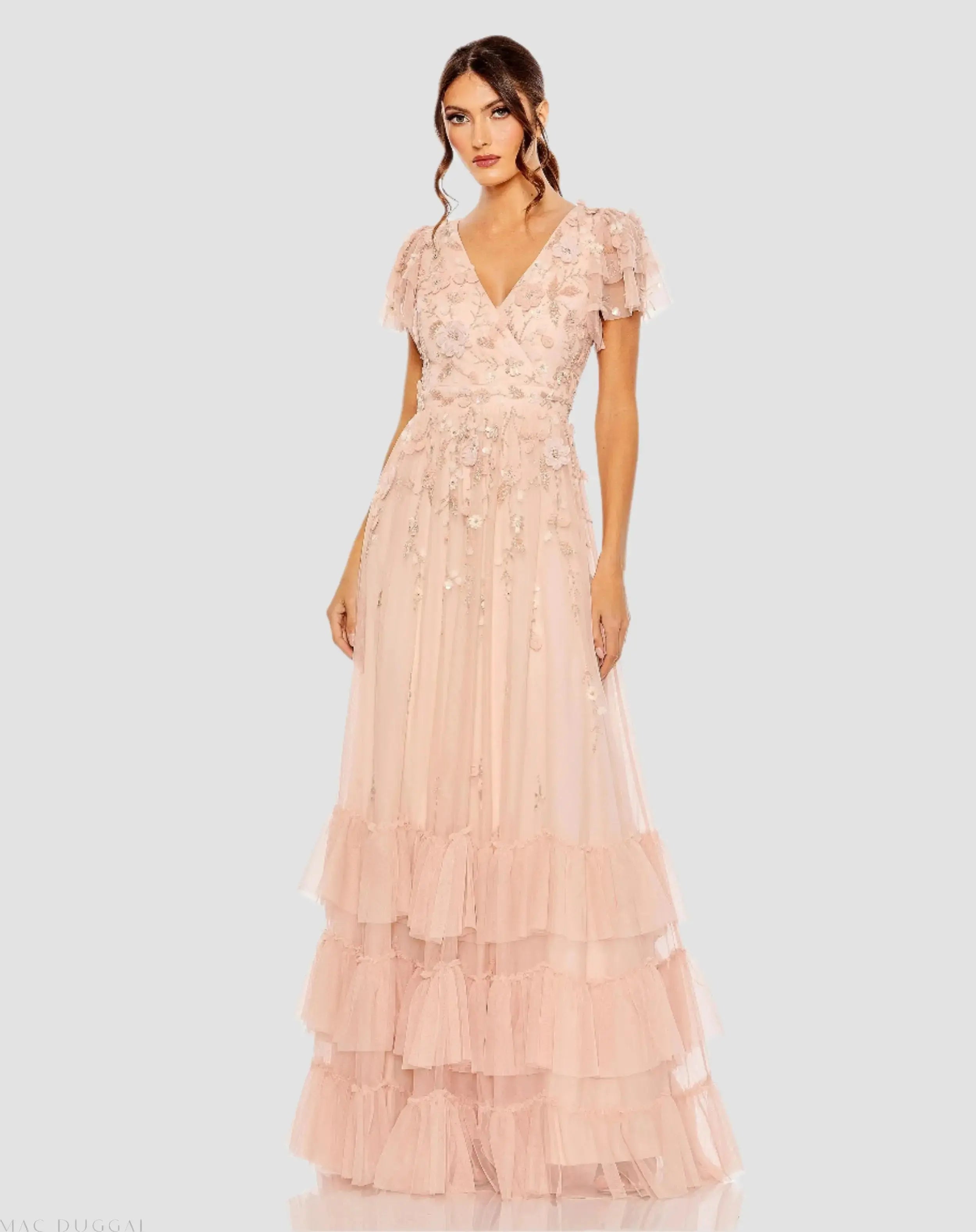 Pink Ruffle Tiered Embellished Faux Wrap Flutter Sleeve Gown-Myartka